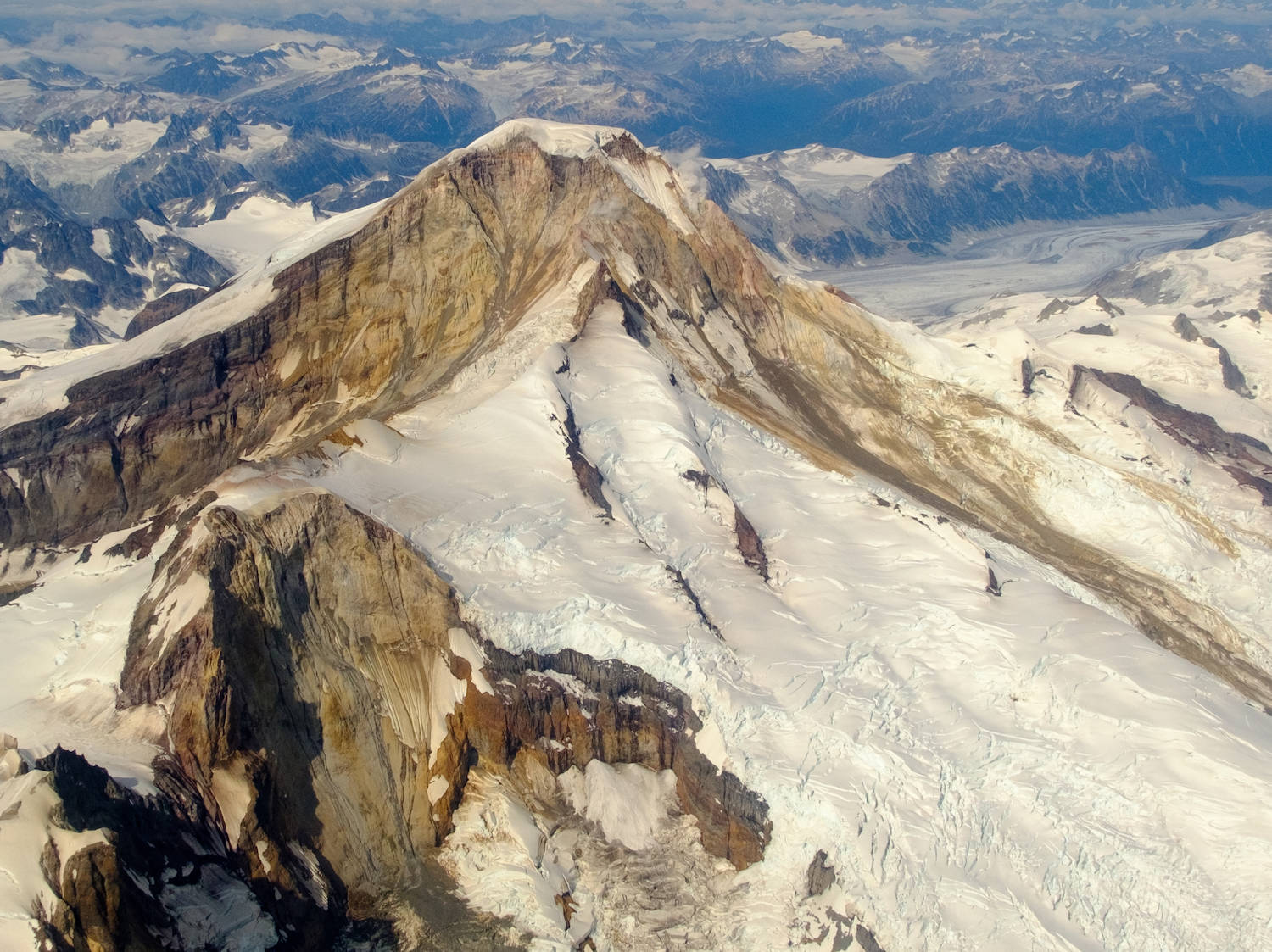 The glaciers and rock of 10,015-foot Iliamna Volcano. (Courtesy Photo / Matt Loewen, Alaska Volcano Observatory)