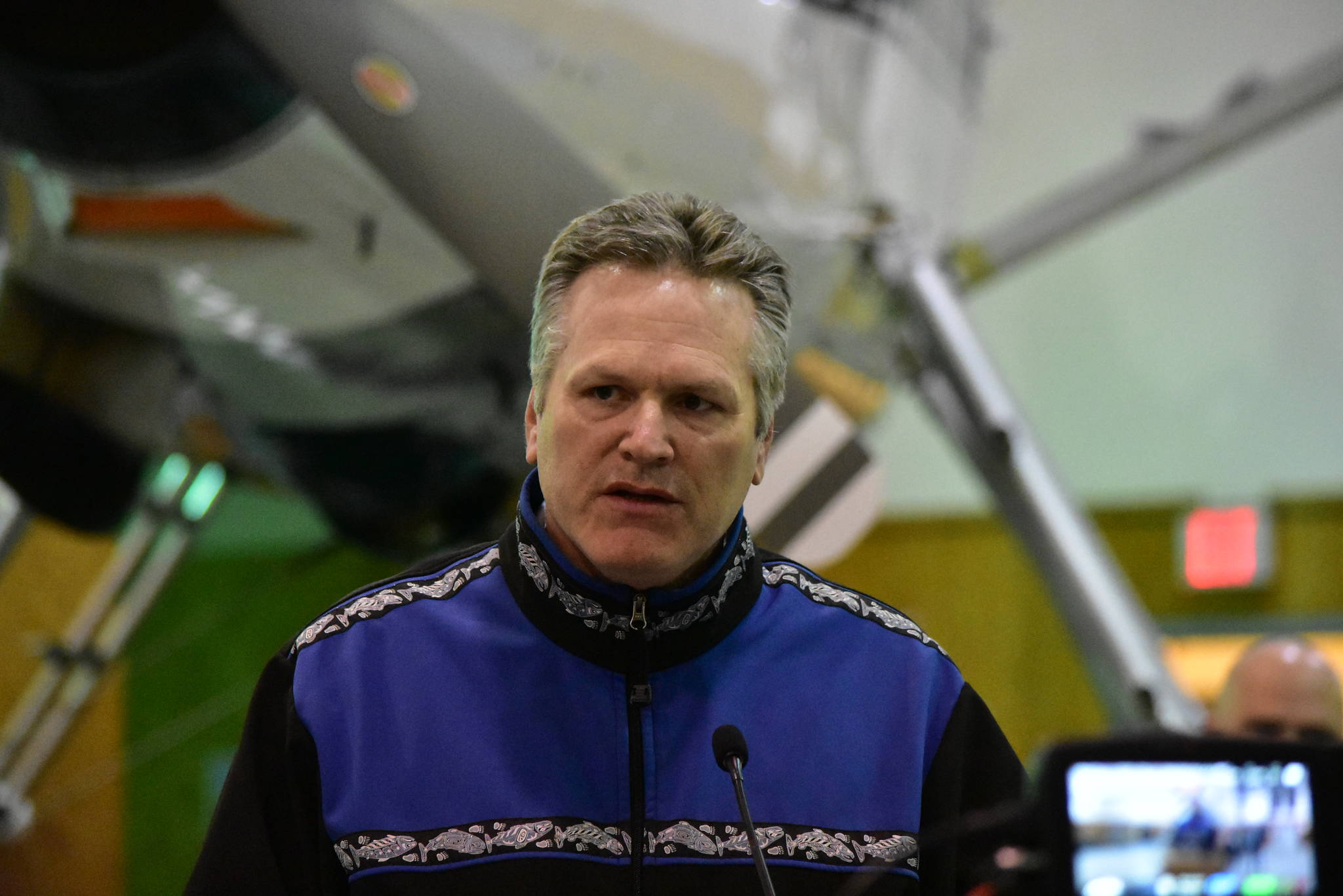 Gov. Mike Dunleavy, shown here on April 9 at the Wings Airways hangar in Juneau, held a news conference in Anchorage on April 16, 2021 announcing his office’s plans for supporting tourism in Alaska going forward. (Peter Segall / Juneau Empire )