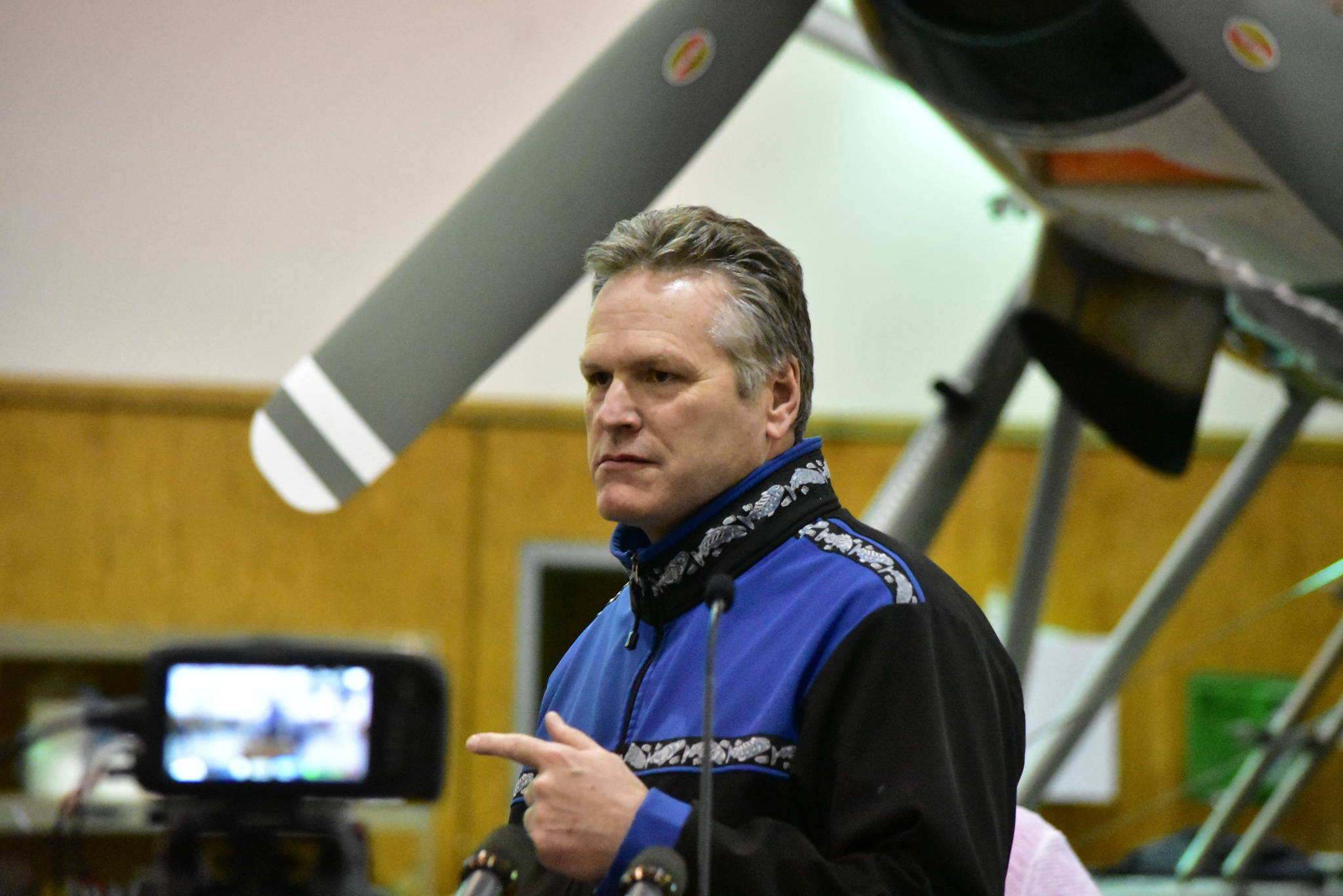 Gov. Mike Dunleavy speaks at a press conference promoting tourism on April 9, 2021. Dunleavy posted a video to social media saying he had received a COVID-19 vaccine, and urged Alaskans to do the same. (Peter Segall / Juneau Empire file)