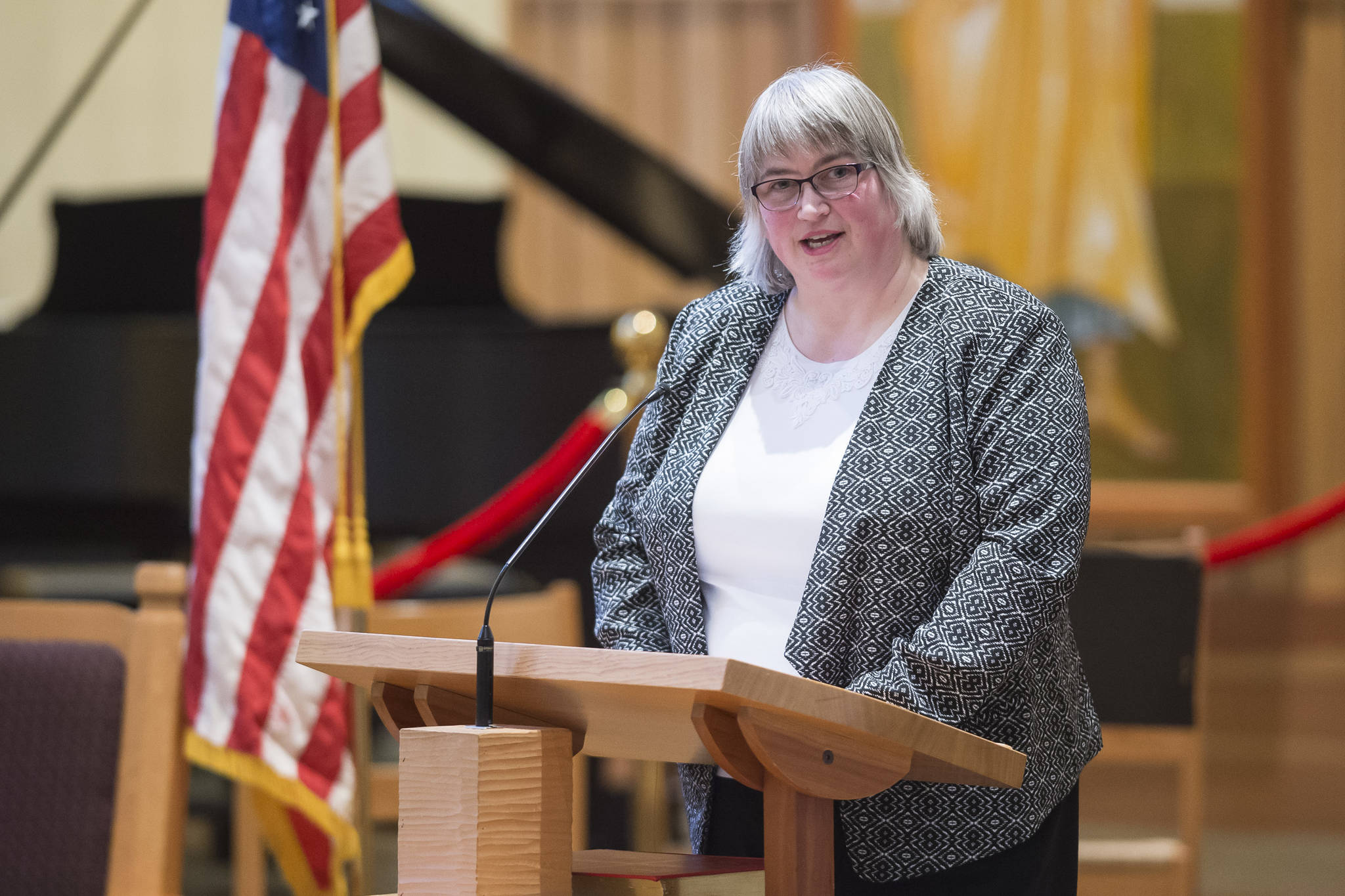 Mayor Beth Weldon speaks at the Dr. Martin Luther King Jr. 2019 Community Celebration at St. Paul’s Catholic Church on Monday, Jan. 21, 2019. On Friday, she announced that she is running for another term as mayor. (Michael Penn /Juneau Empire File)
