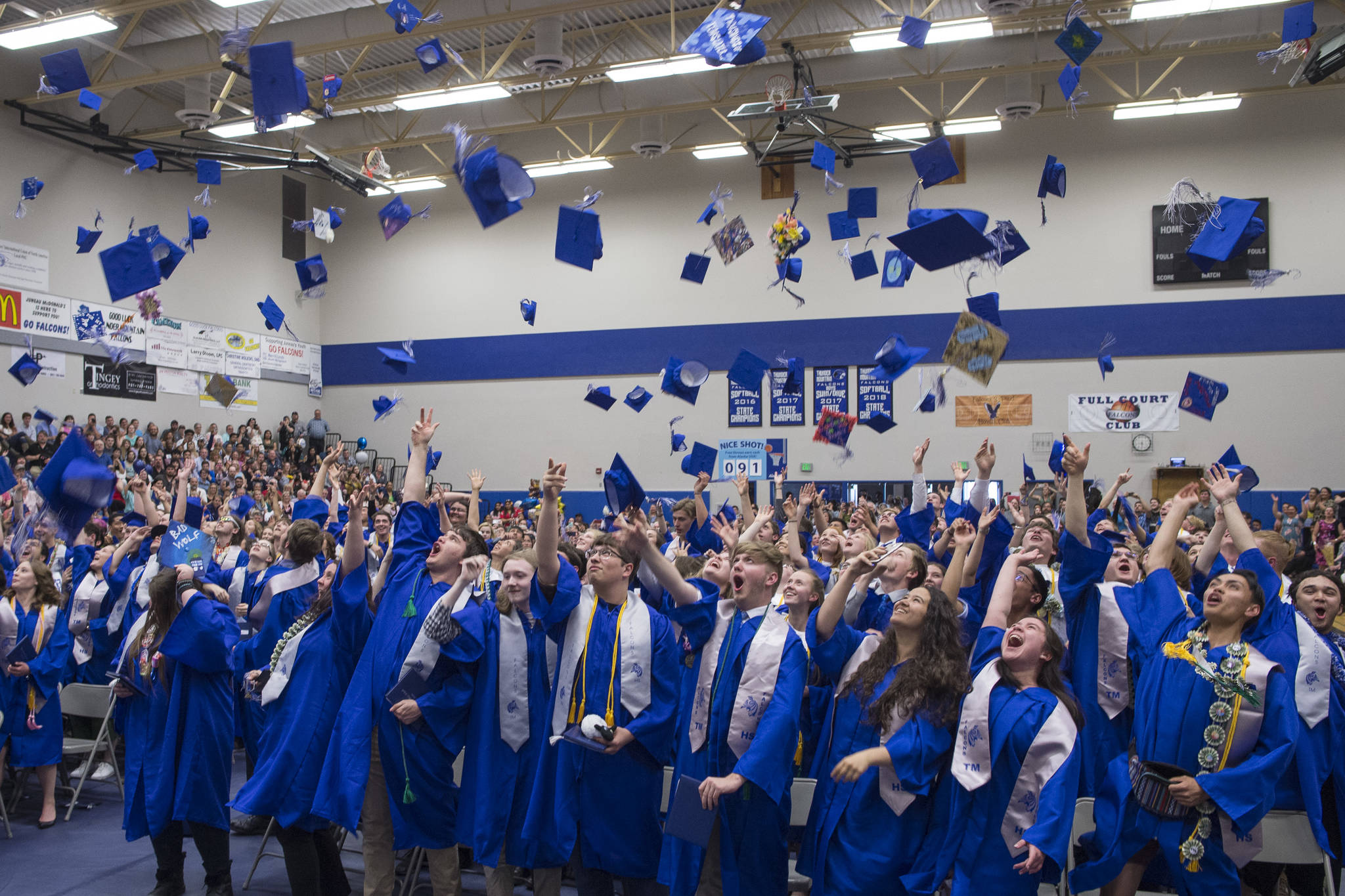 Thunder Mountain High School seniors celebrate their graduation on Sunday, May 26, 2019. The class of 2020 was forced to skip graduation ceremonies due to COVID-19 restrictions. Discussions are underway to allow the class of 2021 an opportunity to participate in commencement in accordance with CBJ’s mitigation strategies. (Michael Penn / Juneau Empire File)
