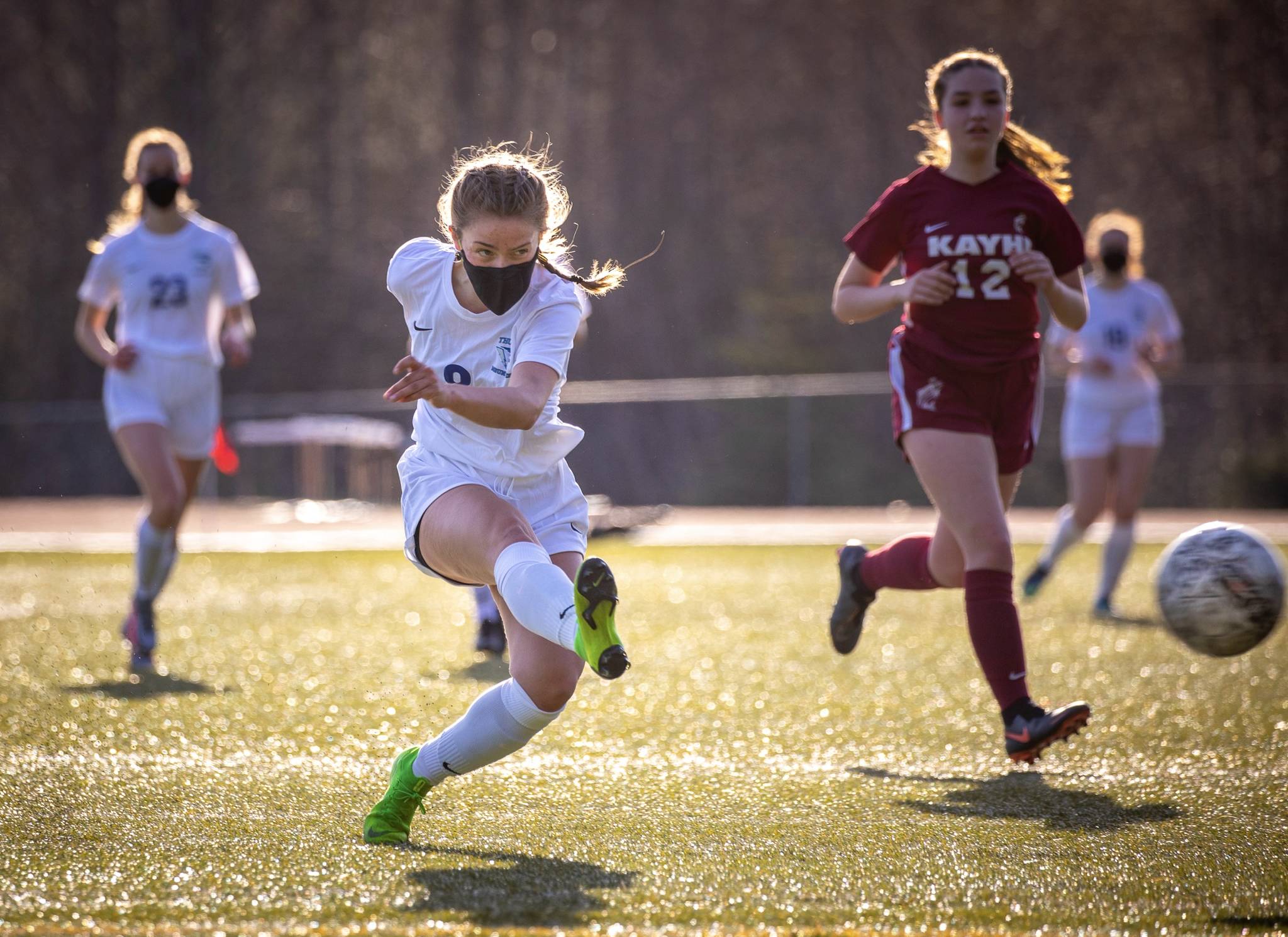 Courtesy photo / Zach Hanna 
Thunder Mountain High School junior Kiah Dihle kicks the ball during a game against Ketchikan High School.