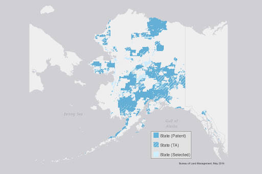State officials are trying to facilitate the transfer of federal lands to the University of Alaska but where those lands are hasn't yet been determined. What is known is the lands will be drawn from the state's allotment of federal lands granted to it under statehood, seen here in this July 30, 2020 Bureau of Land Management map. (Courtesy image / U.S. Bureau of Land Management)