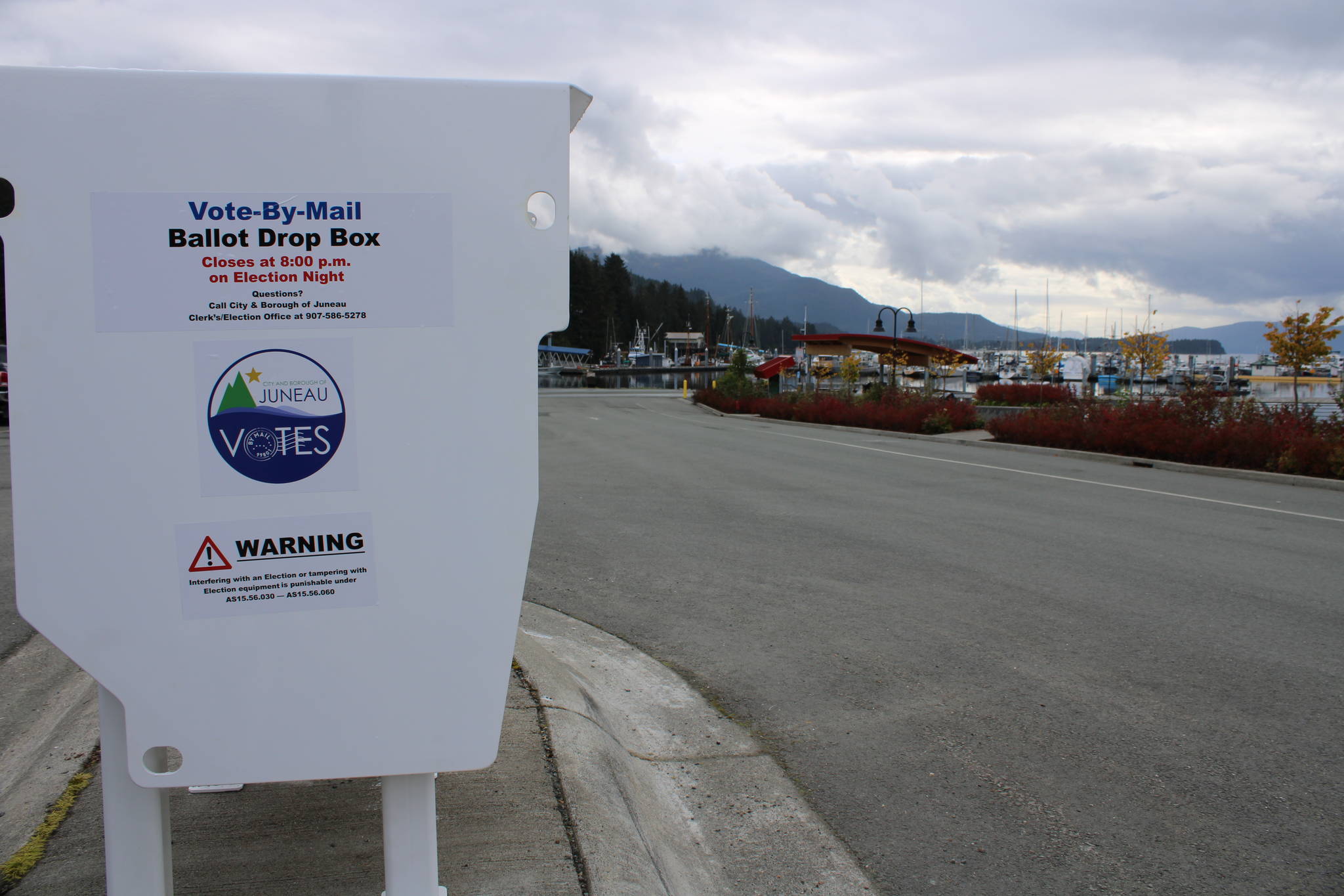 A drop box awaits ballots at Don D. Statter Harbor in late September 2020. (Ben Hohenstatt / Juneau Empire File)