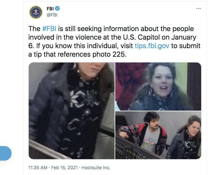 A screenshot from the FBI’s Twitter page shows a photo the FBI said was taken on Jan. 6, 2021, inside the U.S. Capitol. Marilyn Hueper said FBI agents showed her some of these images and claimed it was her. (Screenshot)