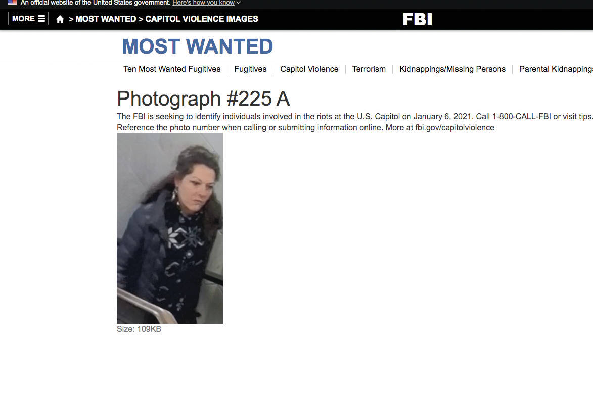 A screenshot from the FBI's Most Wanted page showing a photo the FBI said was taken on Jan. 6, 2021, inside the U.S.Capitol. Marilyn Hueper said FBI agents showed her this image and claimed it was of her. (Screenshot)