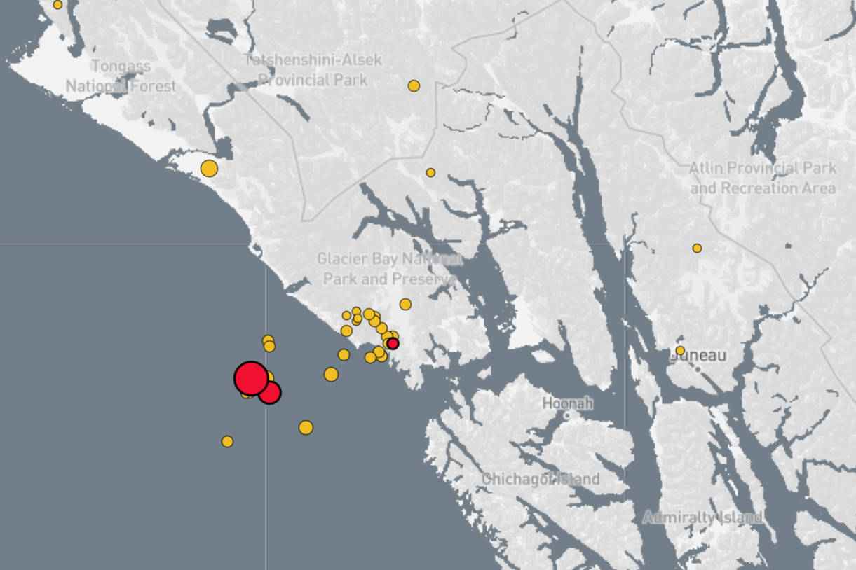 A magnitude 4.7 earthquake, indicated by the large red dot on the Alaska Earthquake Center’s quake map, occurred near the surface, about 60 miles east of Elfin Cove, early in the morning of May 1, 2021. (Screenshot / AEC)