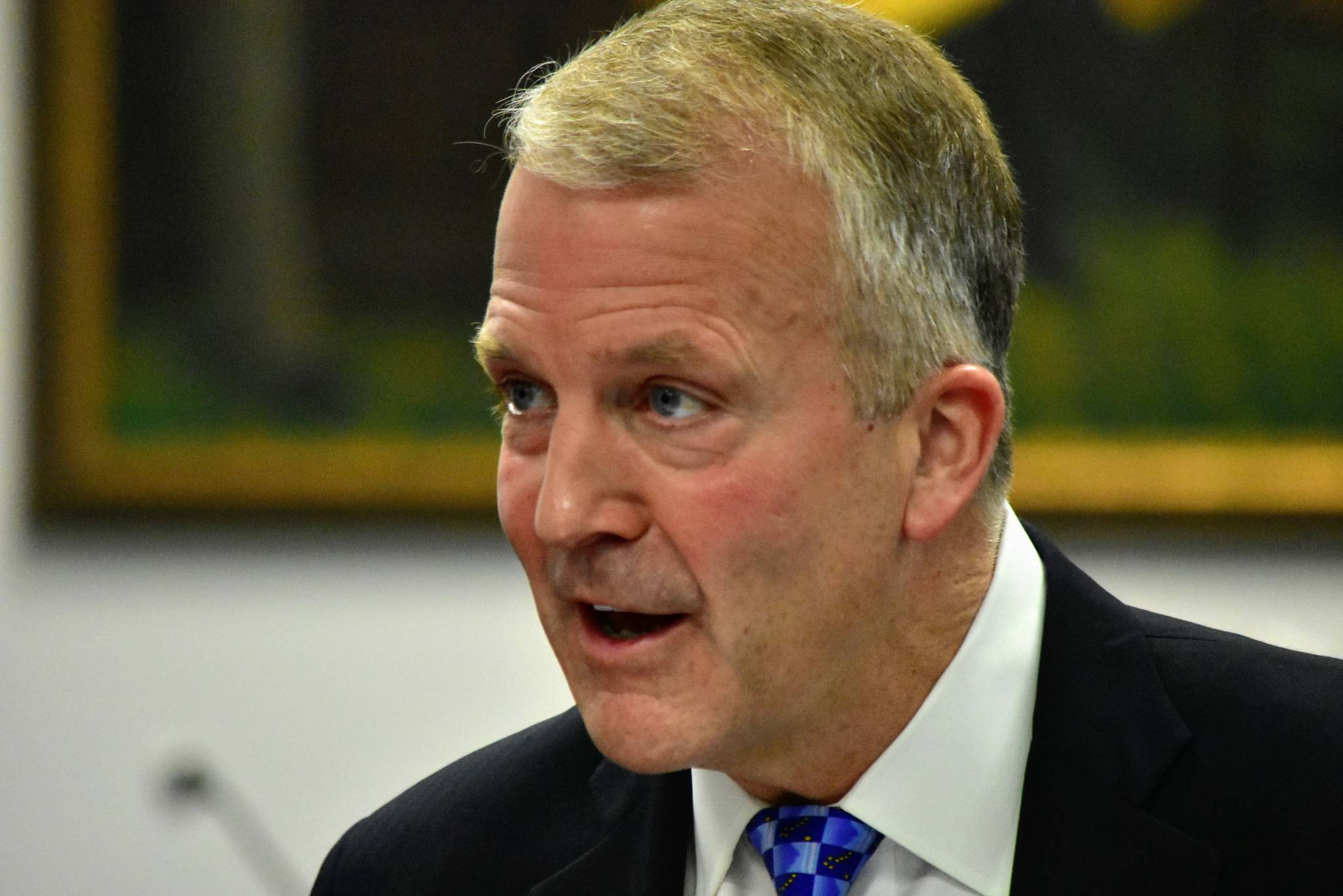 Sen. Dan Sullivan, R-Alaska, met with reporters after delivering an address to the first joint session of 2021 for the Alaska State Legislature on Monday, May 3, 2021. Sullivan was critical of the Biden administration in his remarks to lawmakers, saying his environmental policies were punative to Alaska. (Peter Segall / Juneau Empire)