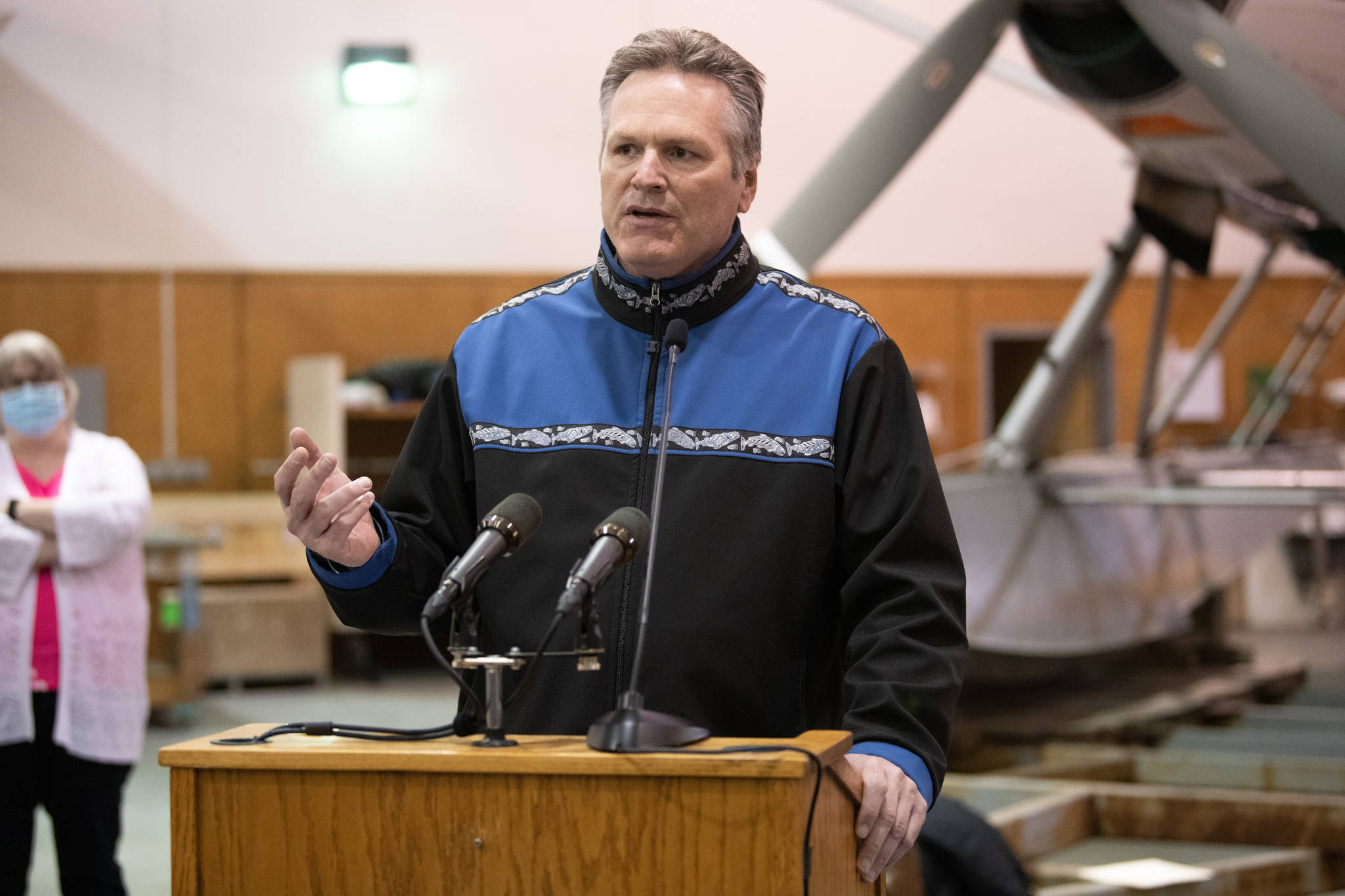 In this May 9 photo, Gov. Mike Dunleavy speaks about tourism at the Wings Airways Hangar in Juneau. (Courtesy Photo / Office of Gov. Mike Dunleavy)