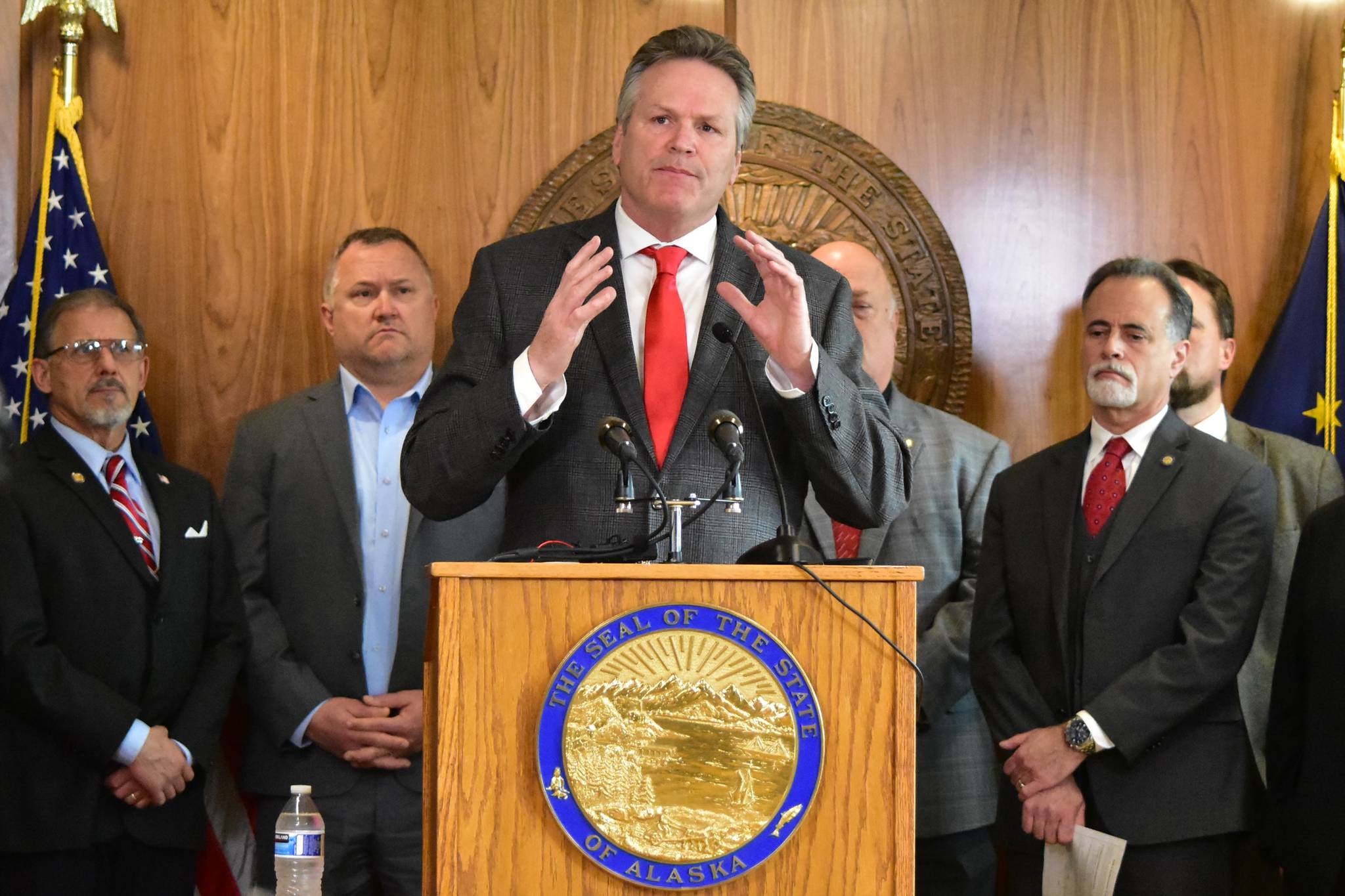 Gov. Mike Dunleavy made changes to a proposed constitutional amendment in a news conference at the Alaska State Capitol on Wednesday, May 12, 2021, he hopes will set the state on a better fiscal path. (Peter Segall / Juneau Empire)