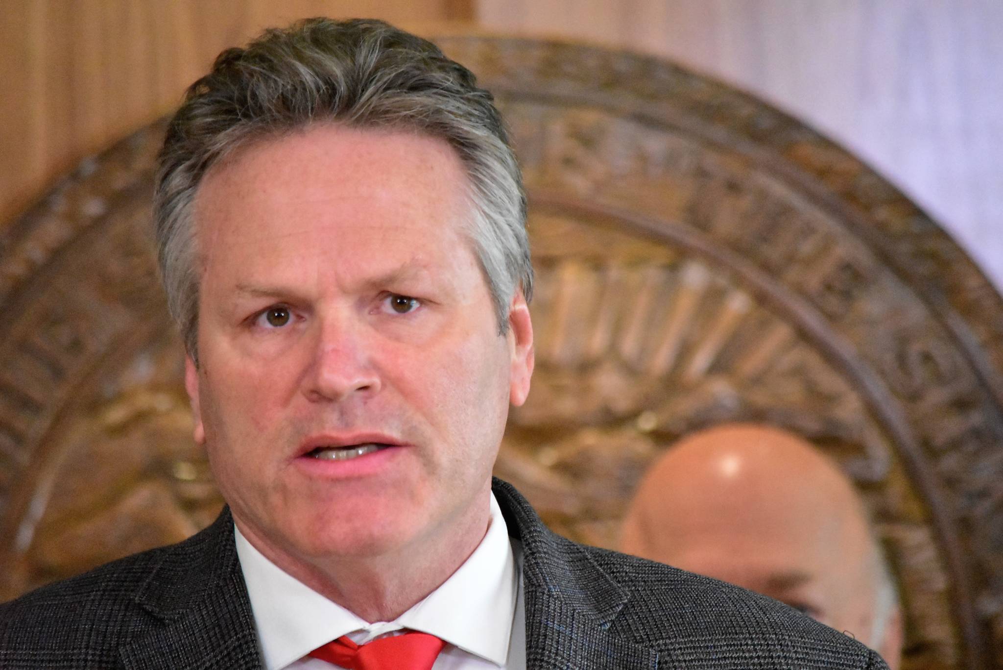 Gov. Mike Dunleavy, said at this Wednesday, May 12, 2021 news conference there may be a special session of the Alaska Legislautre. On Thursday he officially called two, one for late May and one for early August. (Peter Segall / Juneau Empire)