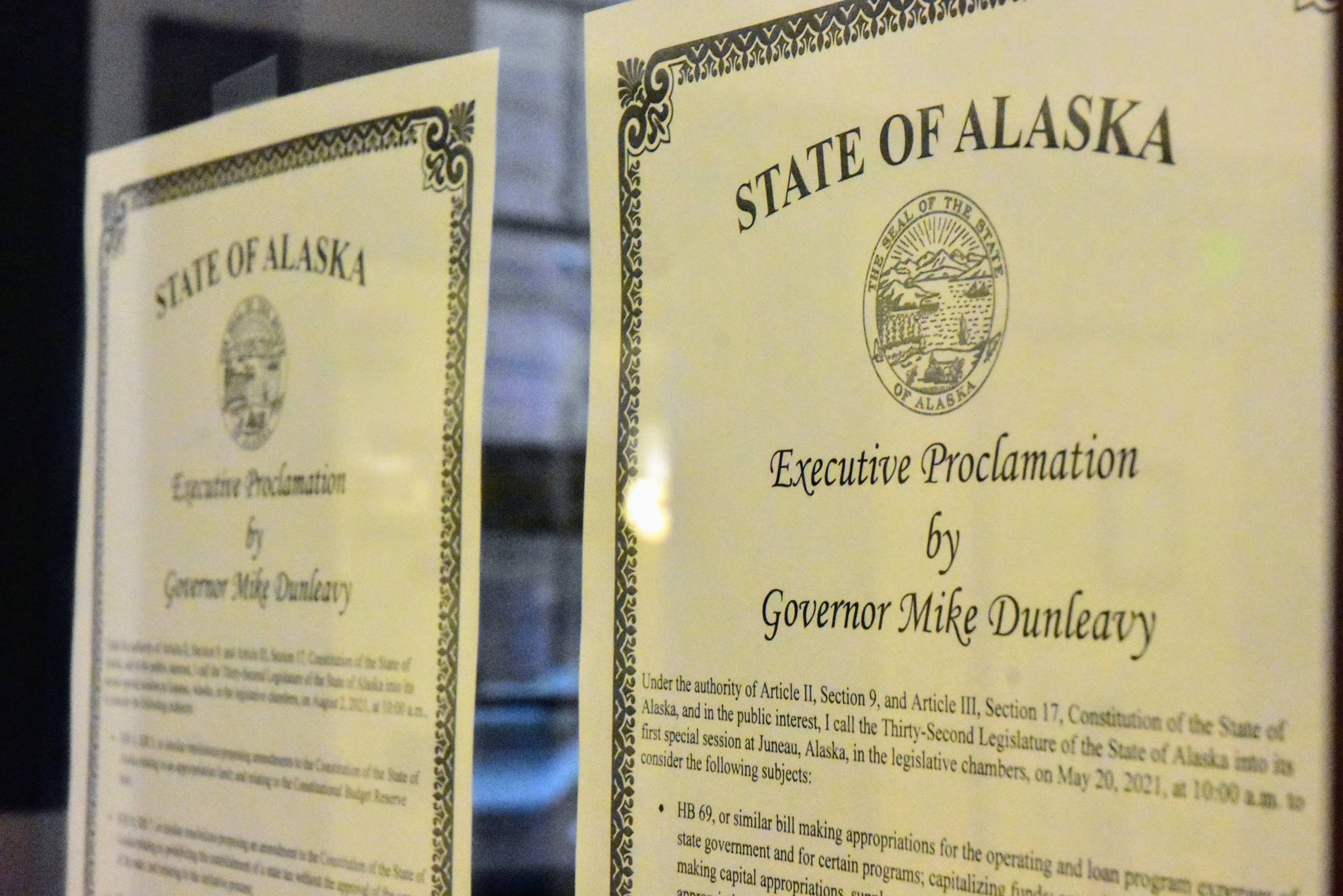 Proclamations from Gov. Mike Dunleavy calling special sessions of the Alaska State Legislature for late May and early August were posted in the otherwise quiet office of the House Clerk on Friday, May 21, 2021. The first special session has started but the Capitol building was quiet as most of the work before lawmakers will take place in committee. (Peter Segall / Juneau Empire)