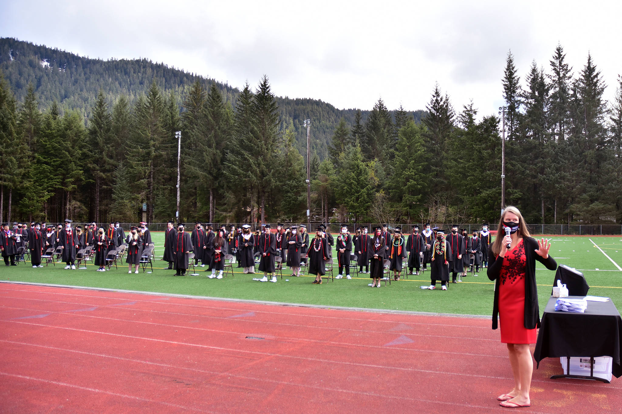 Juneau-Douglas High School:Yadaa.at Kalé principle Paula Casperson addresses the class of 2021 during the graduation ceremony on Sunday, May 23, 2021. (Peter Segall / Juneau Empire)