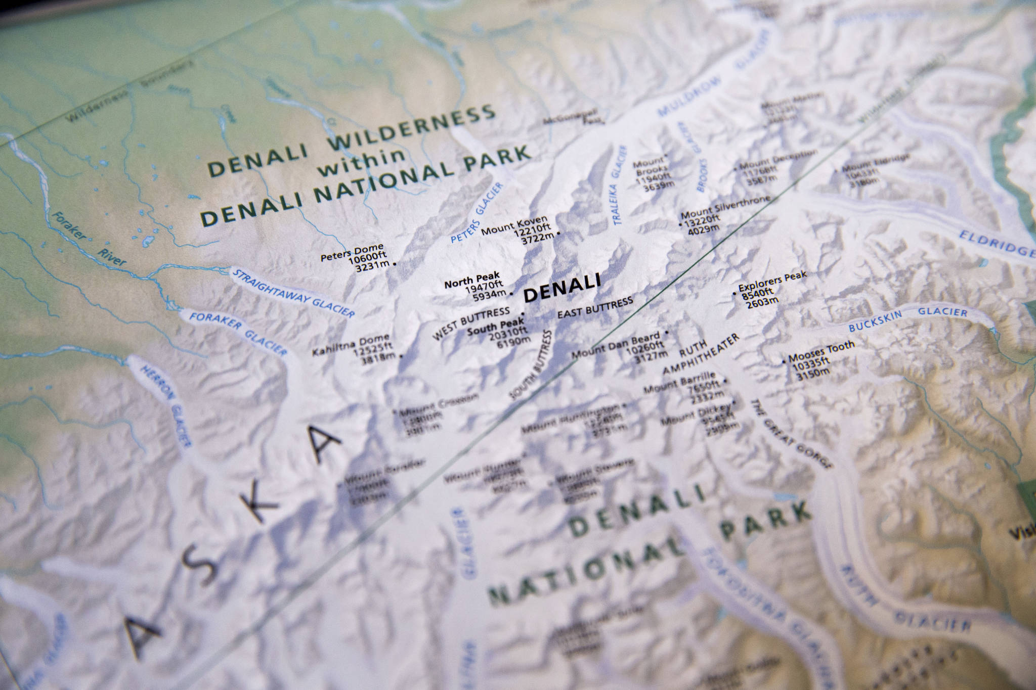 A National Park Service map depicting the renamed Denali is shown on Monday, Aug. 31, 2015. Rangers who keep an eye on North America’s highest mountain peak say they are seeing impatient and inexperienced climbers take more risks and put their lives and other climbers in danger In 2021. (AP Photo/Andrew Harnik)