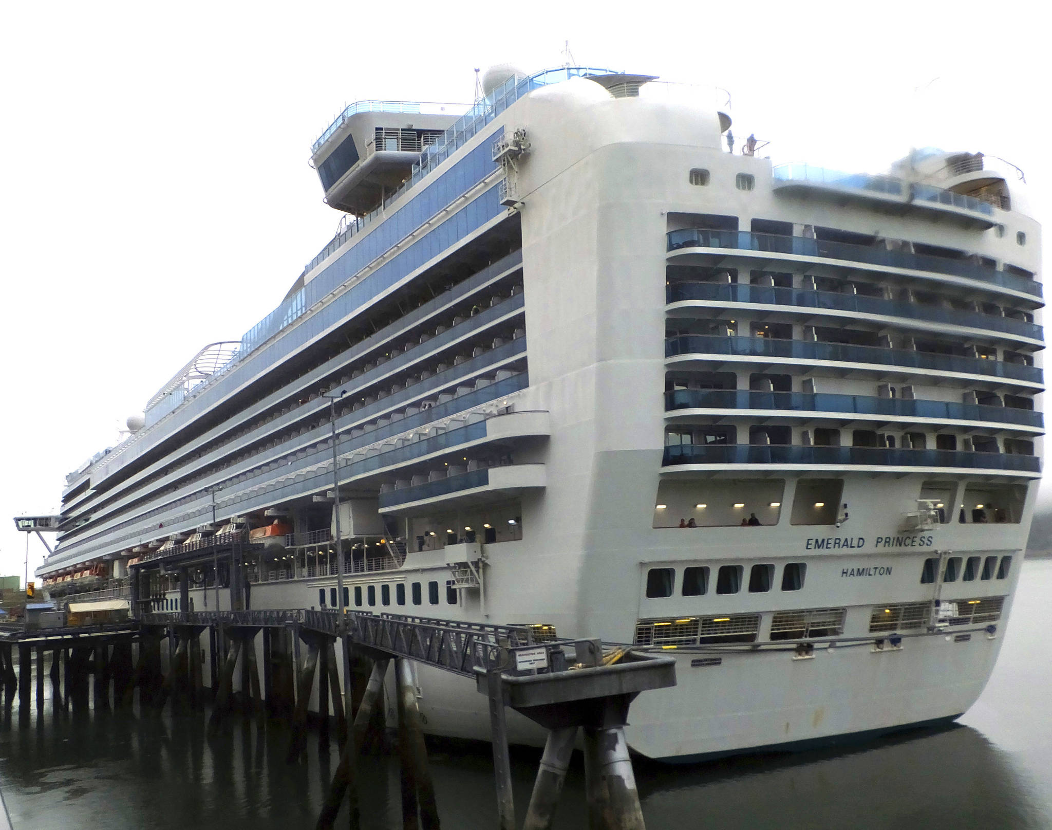 This July 26, 2017 file photo shows the Emerald Princess cruise ship docked in Juneau, Alaska. Kenneth Manzanares, charged with first-degree murder in the death of his wife Kristy while aboard the ship on a cruise to Alaska, pleaded not guilty in federal court in Juneau Wednesday, Aug. 23, 2017. Kristy Manzanares was found dead in a cabin last month on the ship while it was in U.S. waters off Alaska. (AP Photo/Becky Bohrer, File)
