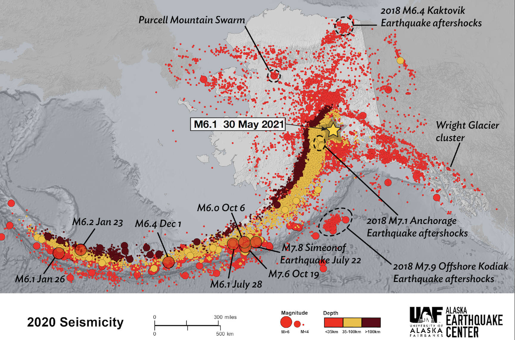 An Alaska Earthquake Center map of all the earthquakes that happened in the year 2020, including the epicenter of a magnitude 6.1 earthquake that happened May 30, 2021. (Courtesy Image / Ned Rozell)