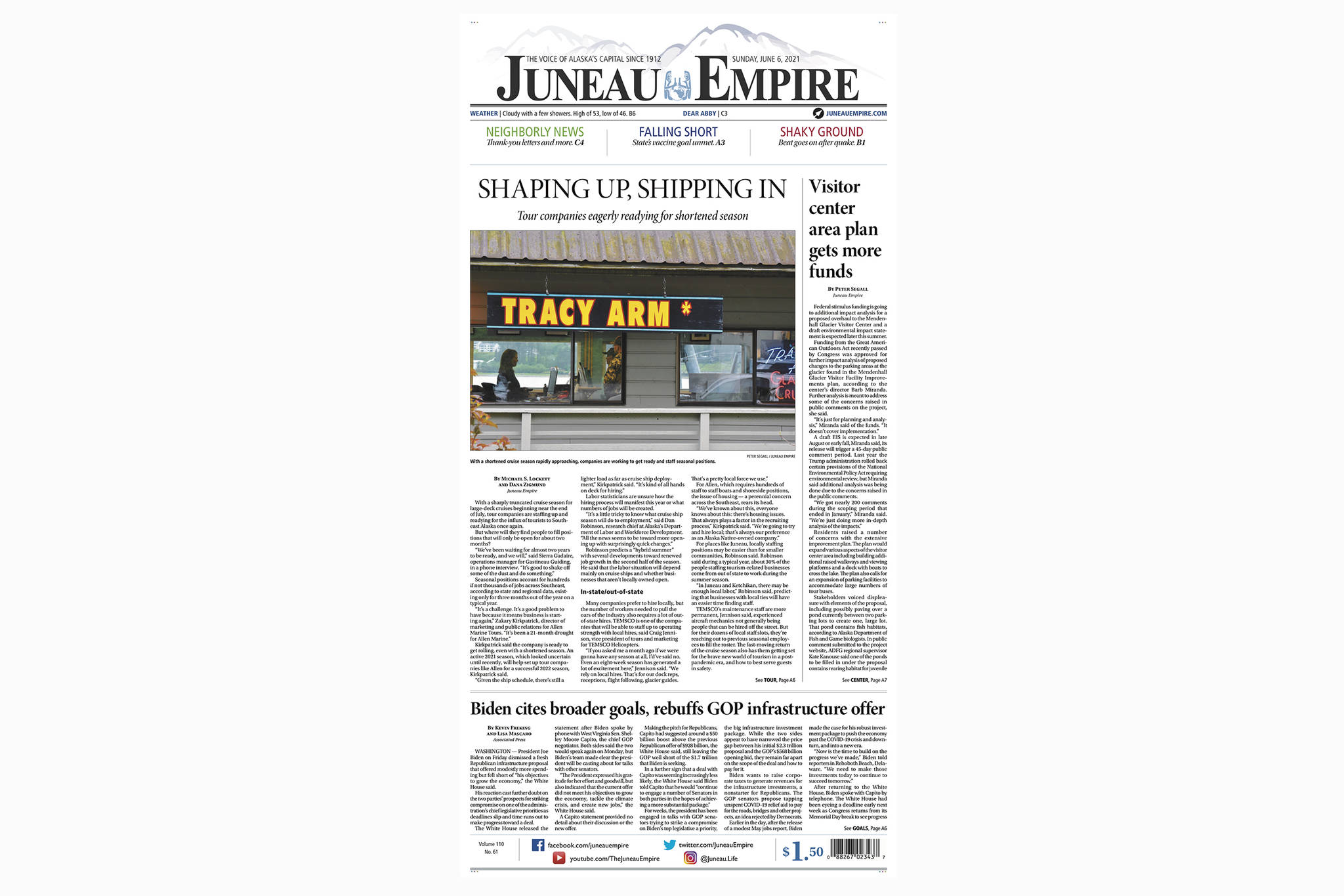 This image shows Page A1 of the Sunday, June 6, 2021, edition of the Juneau Empire. The paper was not printed as usual due to printing challenges.