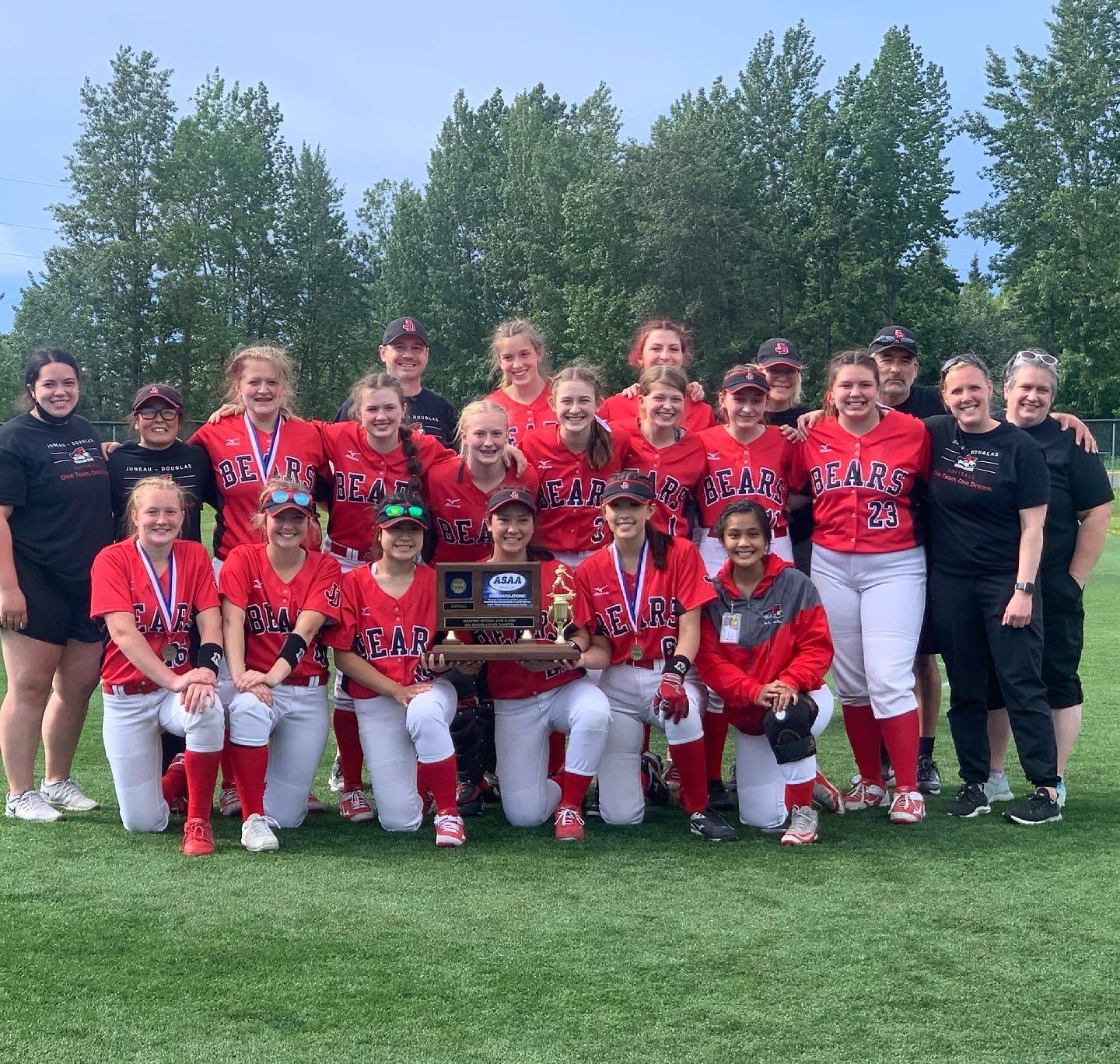 The Juneau-Douglas High School: Yadaa.at Kalé softball team were crowned state champions on Jun 5, 2021, winning the championship for the first time in approximately eight years, said coach Lexie Razor. (Courtesy photo / Shaley Hunt)