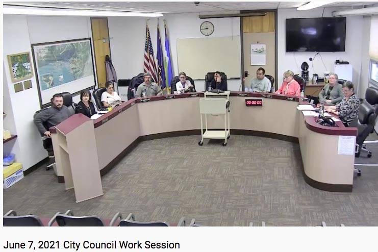 Members of the Seward City Council take part in a work session on Monday, June 7, 2021, in Seward, Alaska. (Screenshot)