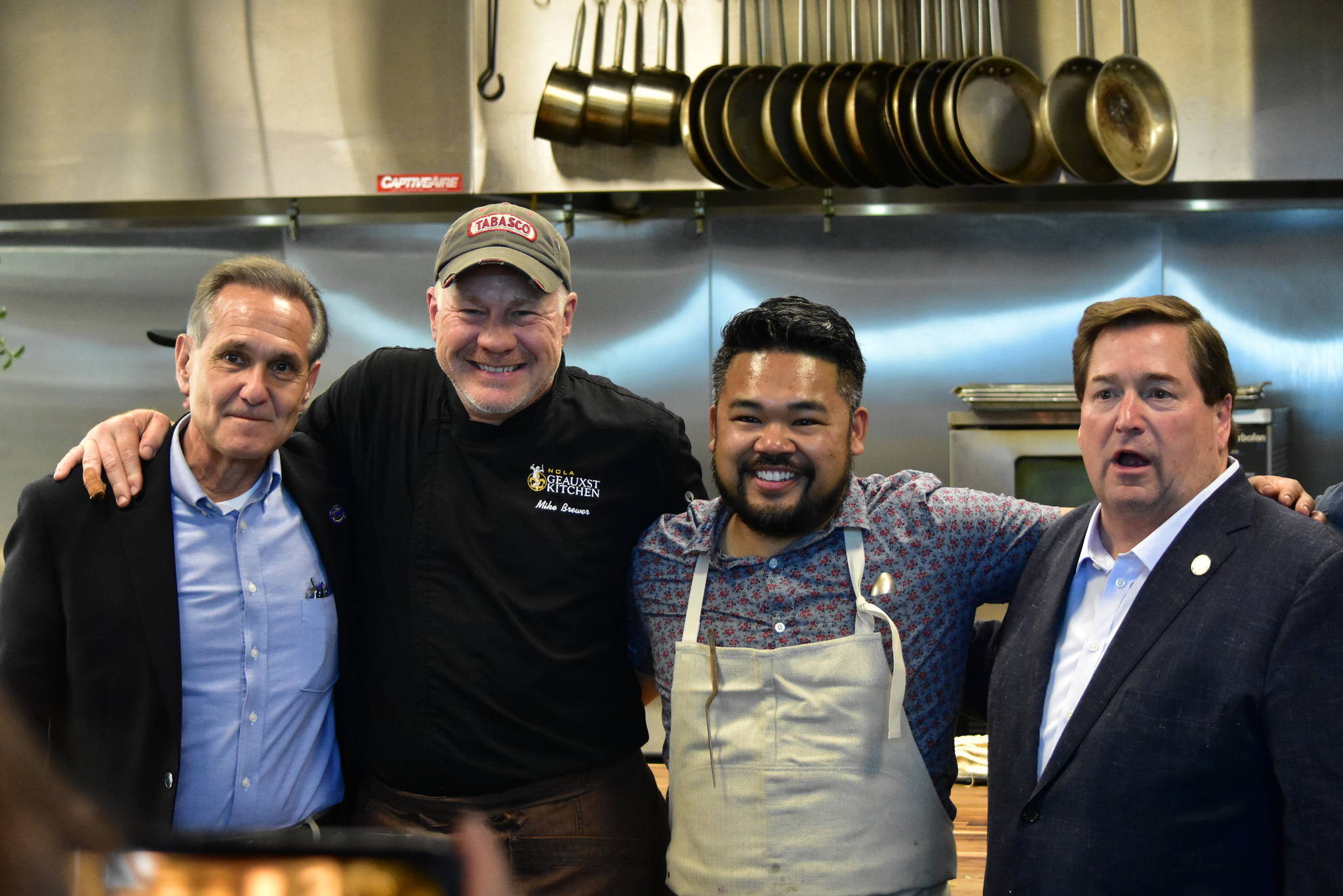 From left to right, Alaska Lt. Gov. Kevin Meyer, Chef Michael Brewer, Chef Lionel Uddipa and Louisiana Lt. Gov. Billy Nungesser in the kitchen of Red Spruce for a charity dinner highlighting the seafood cuisines of both states on Tuesday, June 8, 2021. (Peter Segall / Juneau Empire)
