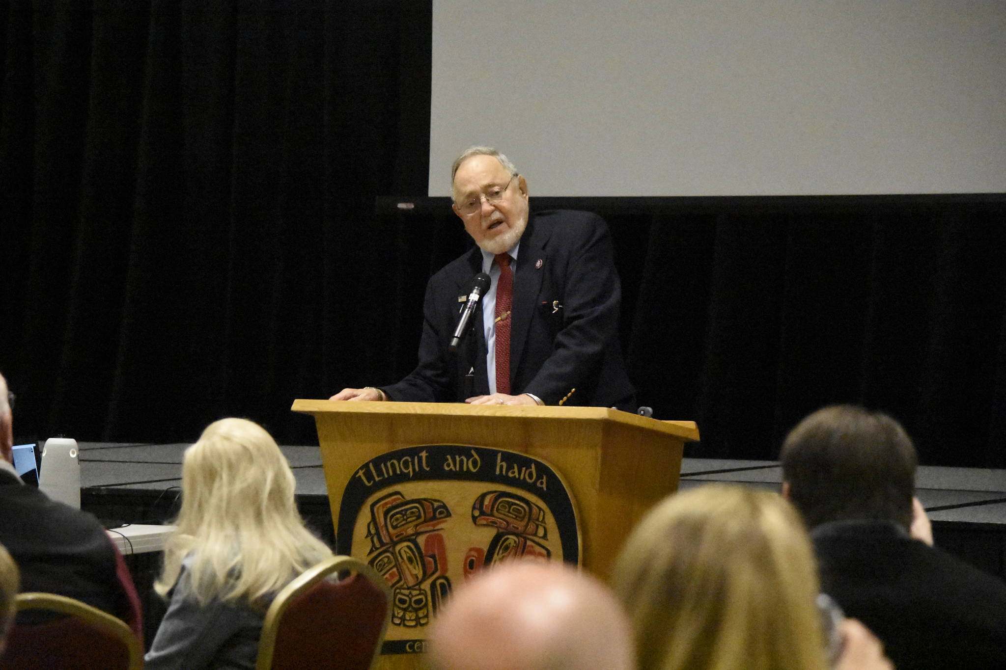 U.S. Rep. Don Young, R-Alaska, speaks to the first in-person meeting of the Greater Juneau Chamber of Commerce luncheon in over a year at Elizabeth Peratrovich Hall on Thursday, June 10, 2021. Young told the crowd he was working toward bipartisanship but expressed frustration with opposition to the resource industry. (Peter Segall / Juneau Empire)