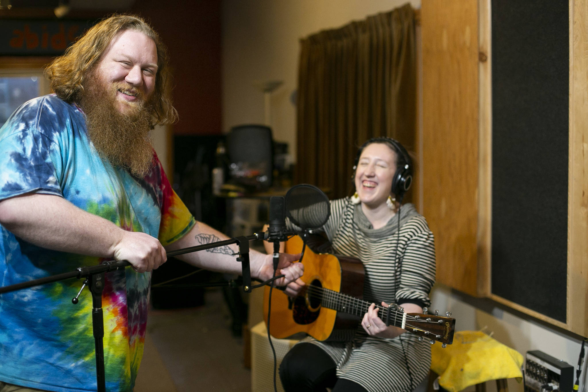 Courtesy Photo / Annie Bartholomew 
Cousins Patrick Troll and Erin Heist work to record Heist’s first-ever EP, “Another Rainy Day,” in April.
