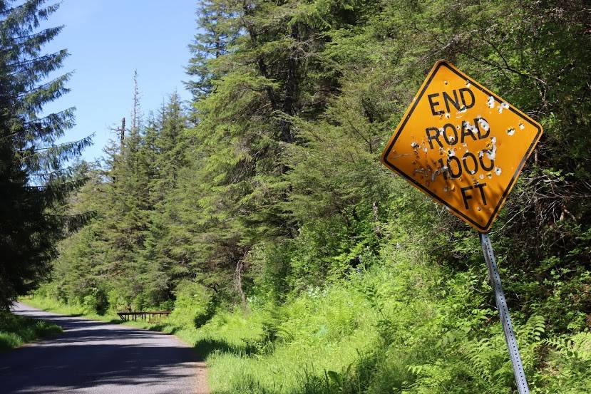 A proposal by the Juneau Off-Road Association to build a hardened trail and campground in the Montana Creek area generated 280 public comments. The majority of comments submitted to the state opposed the plan. A sign marks the end of the road in the area on June 17, 2021. (Ben Hohenstatt/Juneau Empire)