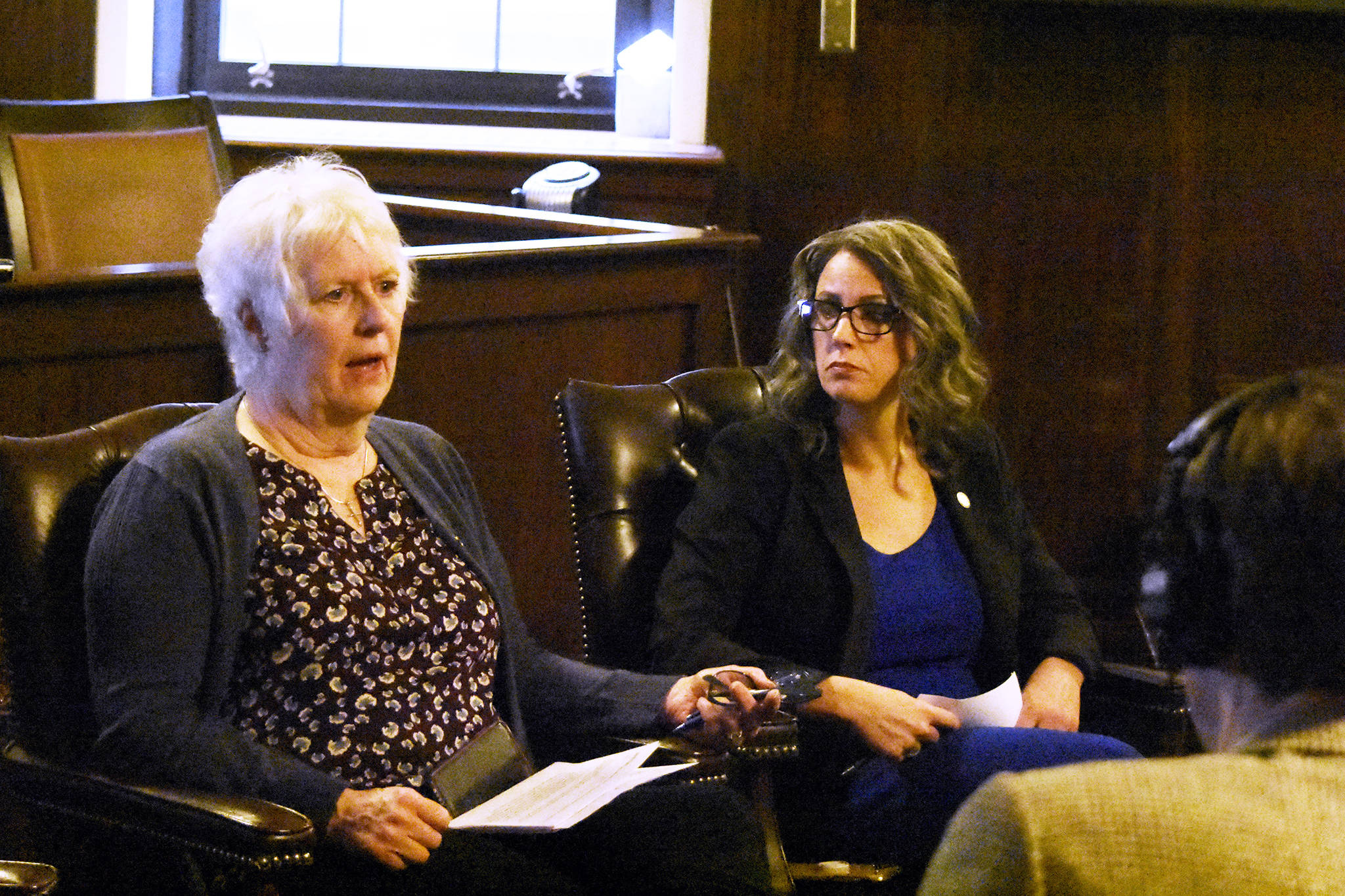 House Speaker Louise Stutes, R-Kodiak, and House Finance Committee co-chair Kelly Merrick, R-Eagle River, meet with reporters on Friday, June 18, 2021 to discuss the legislative deadlock over the budget. Gov. Mike Dunleavy called yet another special session for late June. (Peter Segall / Juneau Empire)