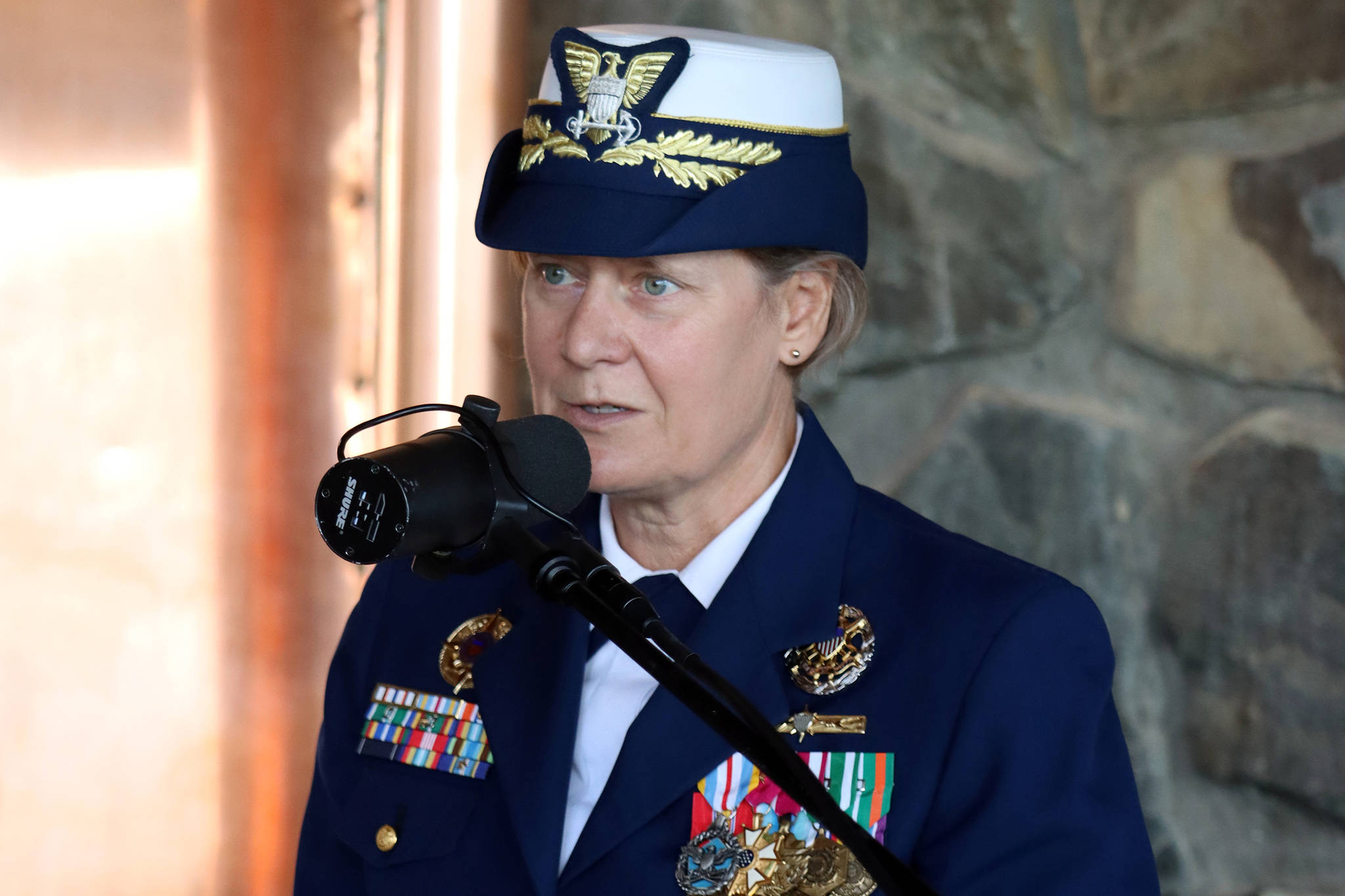 Then-Vice Adm. Linda Fagan, recently appointed as vice commandant of the U.S. Coast Guard, speaks during Coast Guard District 17 Change of Command ceremony on April 23, 2021. (Ben Hohenstatt / Juneau Empire File)