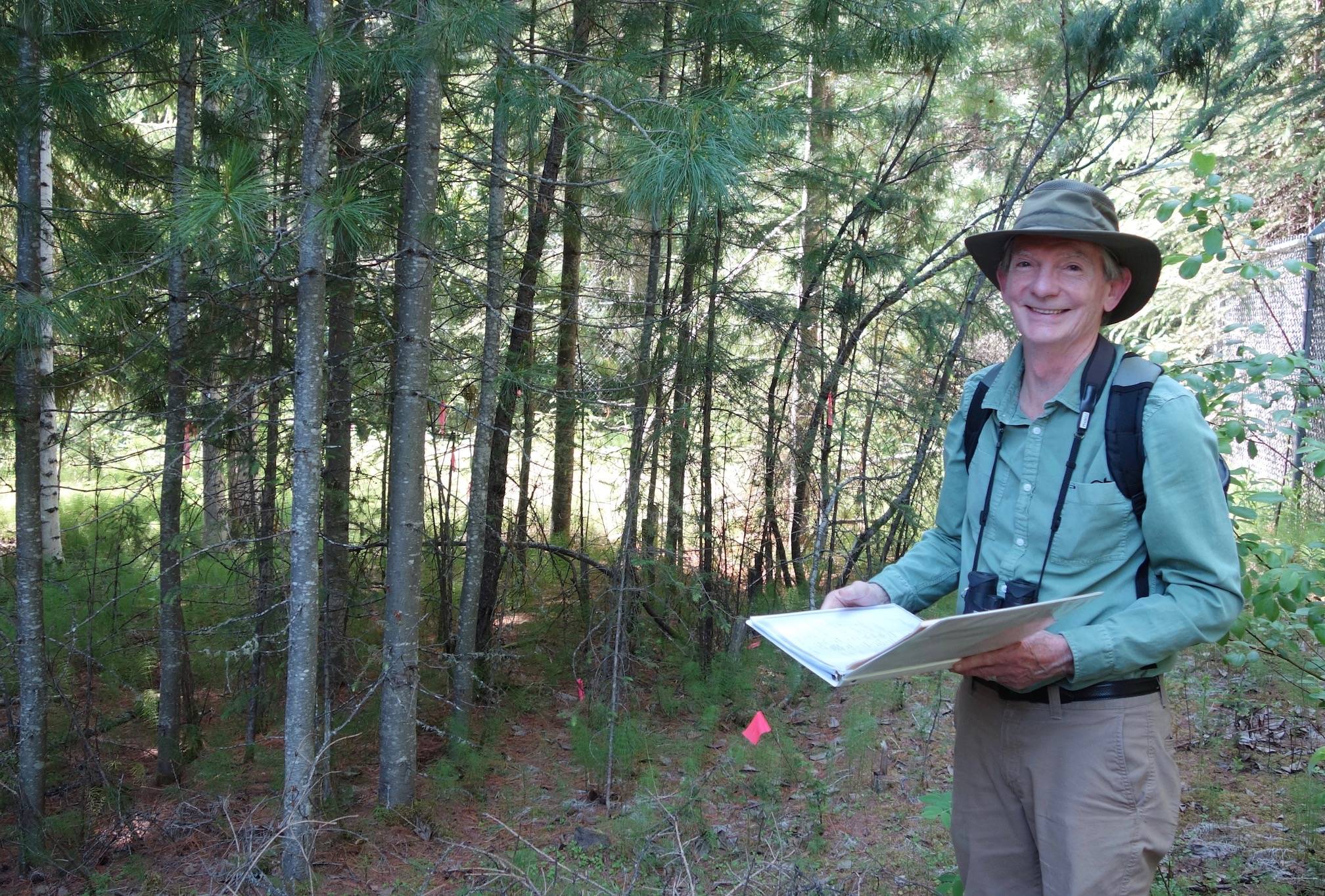 Artist and UAF professor emeritus Kes Woodward in a stand of exotic trees on the Fairbanks campus. (Courtesy Photo / Ned Rozell)