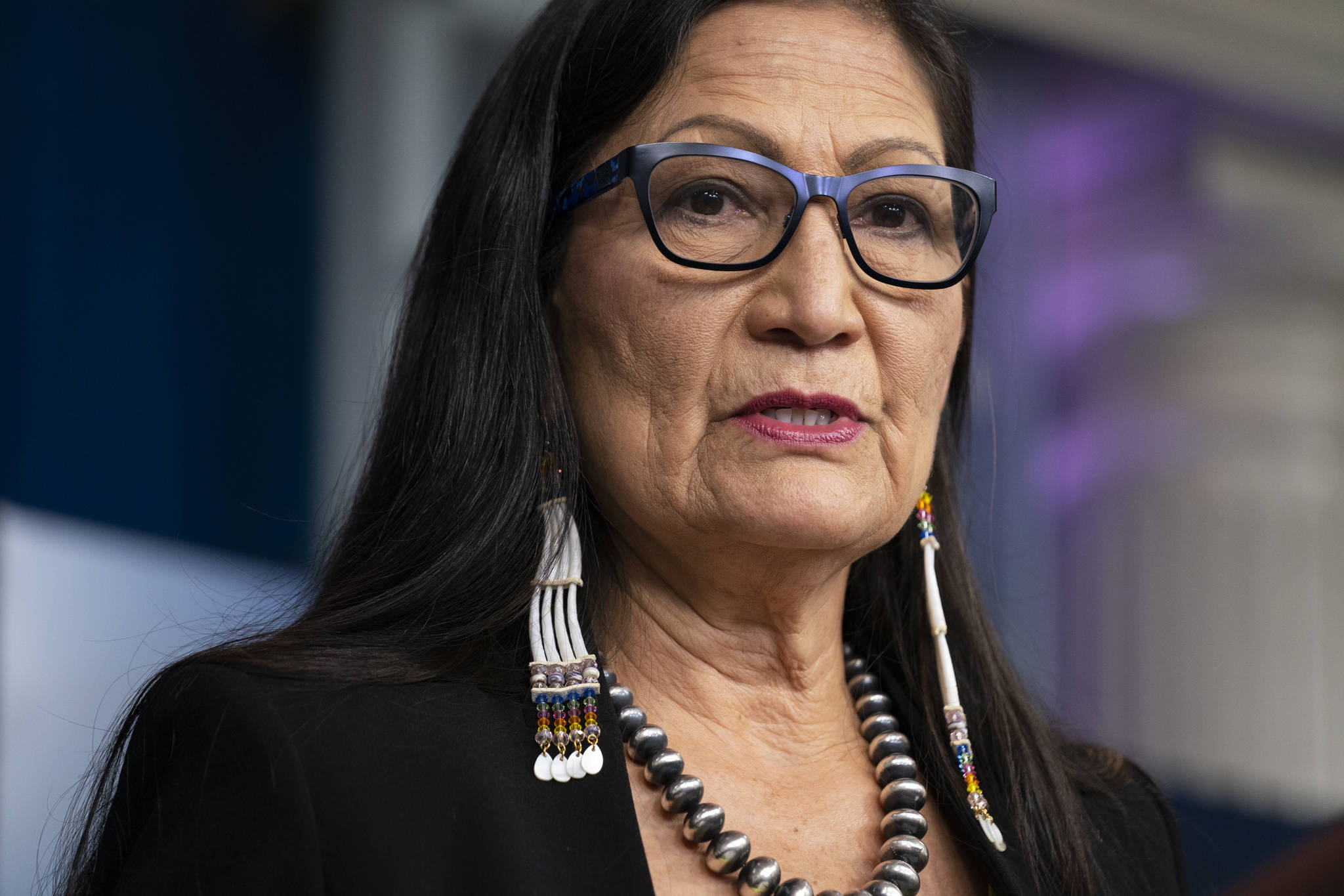 AP Photo / Evan Vucci 
Interior Secretary Deb Haaland speaks during a news briefing at the White House in Washington. On Tuesday, June 22, 2021, Haaland and other federal officials are expected to announce steps that the federal government plans to take to reconcile the legacy of boarding school policies on Indigenous families and communities across the U.S.