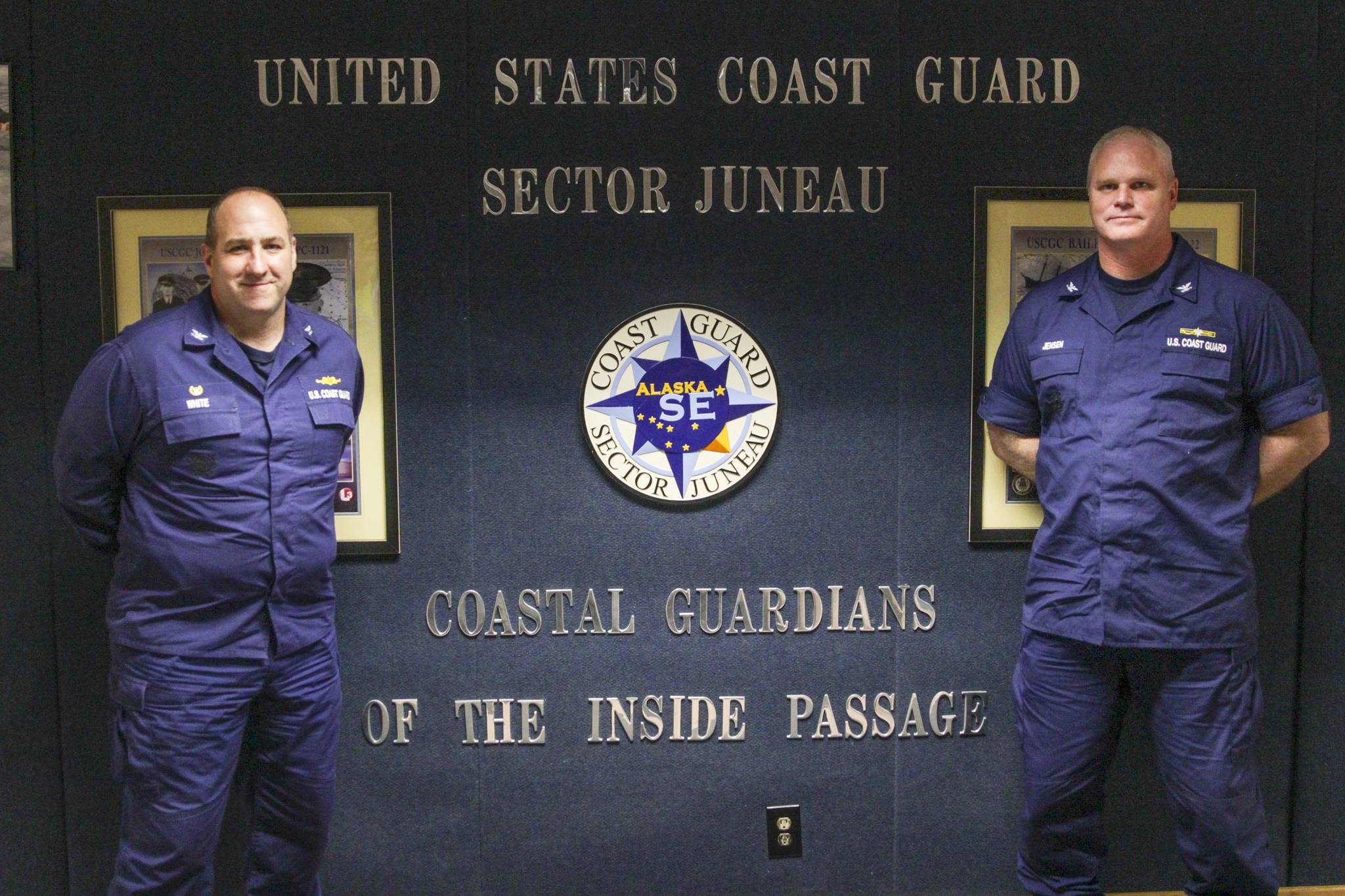 Capt. Darwin A. Jensen, right, will take command of Sector Juneau from Capt. Stephen R. White, left, on July 7, 2021. (Michael S. Lockett / Juneau Empire)