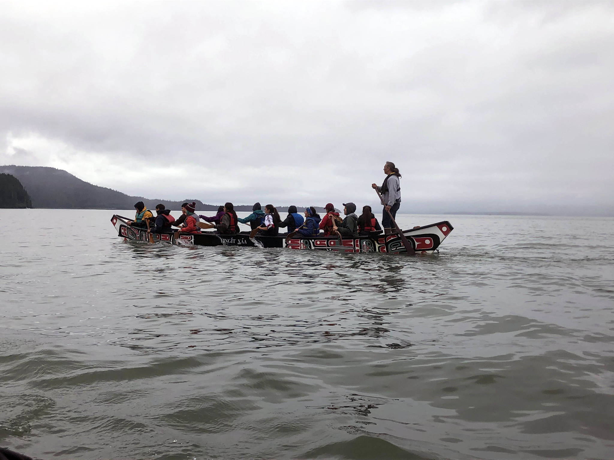 Two traditional Tlingit canoes powered by local students traversed 17.64 miles between Statter Harbor and Douglas Harbor on Friday, June 25, 2021. (Courtesy Photo/Chuck Seaca, Alaska Humanities Forum)