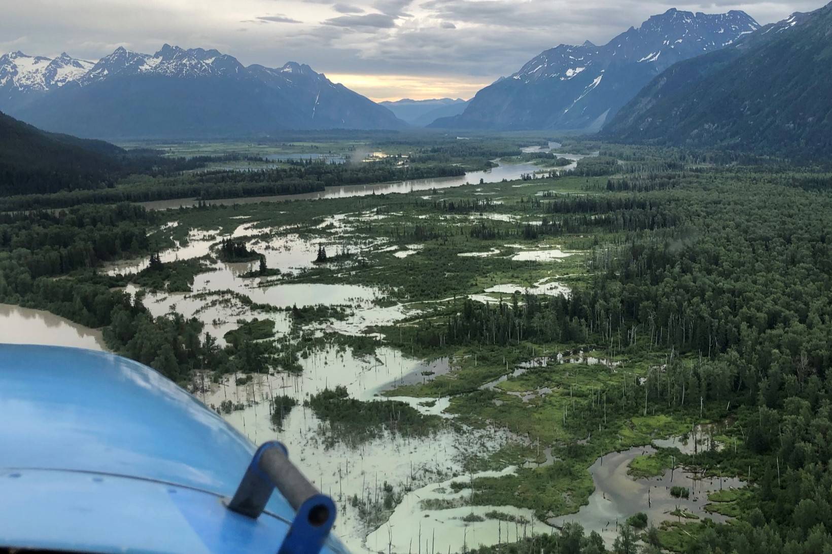 This July 1, 2021 photo shows flooding along the Taku River south of Juneau. The National Weather Service lifted flood warnings for area rivers but not before record-high floodwaters on the Taku River damaged homes. (Courtesy photo / Kathleen Samalon)