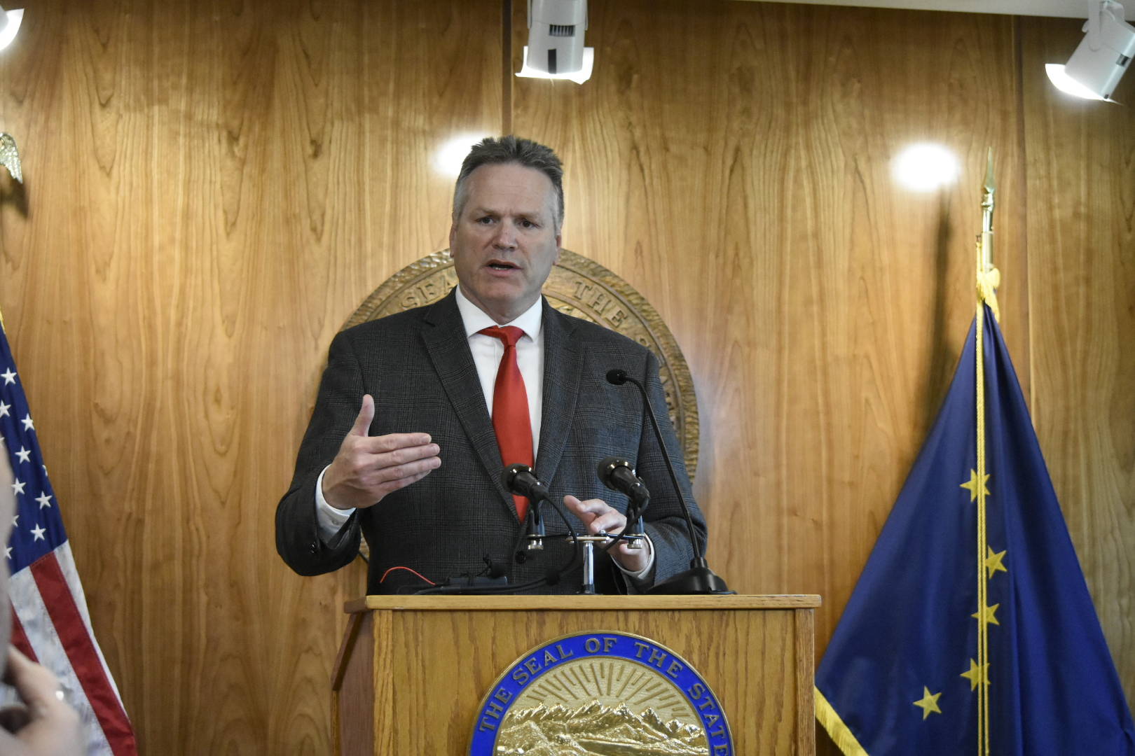 Gov. Mike Dunleavy announces he will call lawmakers back to Juneau for a pair of special sessions in this June photo. Dunleavy is holding a news conference today to discuss the budget recently passed by the Legislature. (Peter Segall / Juneau Empire)