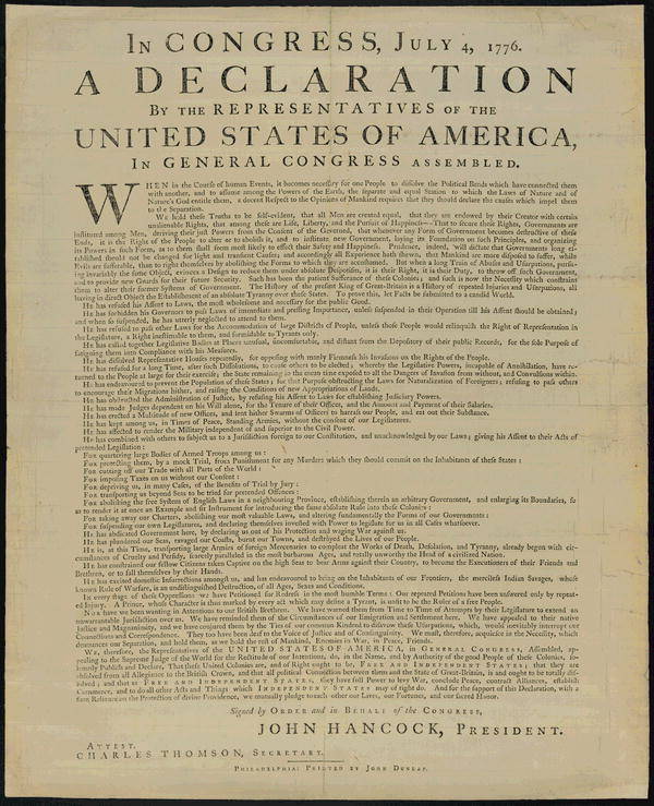This public domain image shows a printing of the Declaration of Independence.