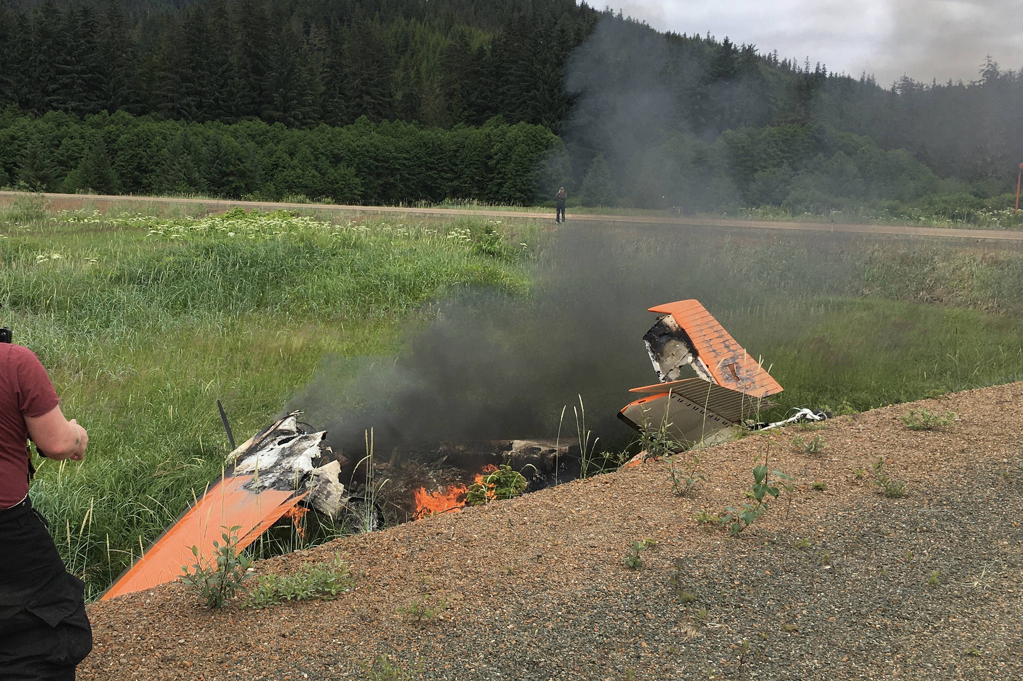 A small two-person plane ran off the runway and into an embankment shortly after landing at Hoonah Airport on Saturday, July 3, 2021. No one was hurt, according to Hoonah Public Safety Director Eric Hurtado, as both passengers were able to get themselves out of and away from the plane before emergency crews arrived. (Courtesy Photo / Thomas Courtney)