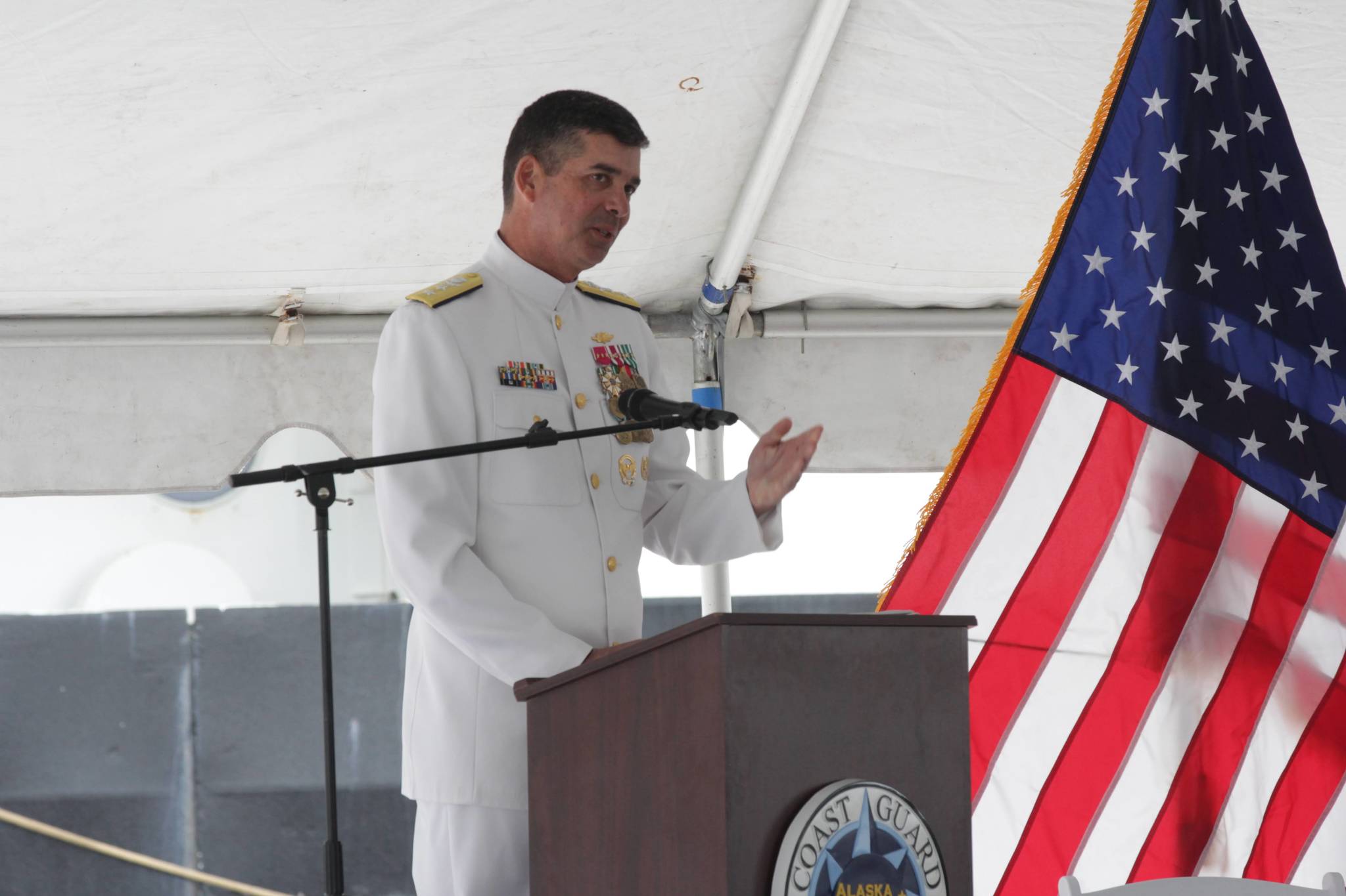 Rear Adm. Nathan A. Moore, Coast Guard District 17 commander, speaks during a change of command ceremony for Sector Juneau at the station on July 7, 2021. (Michael S. Lockett / Juneau Empire)