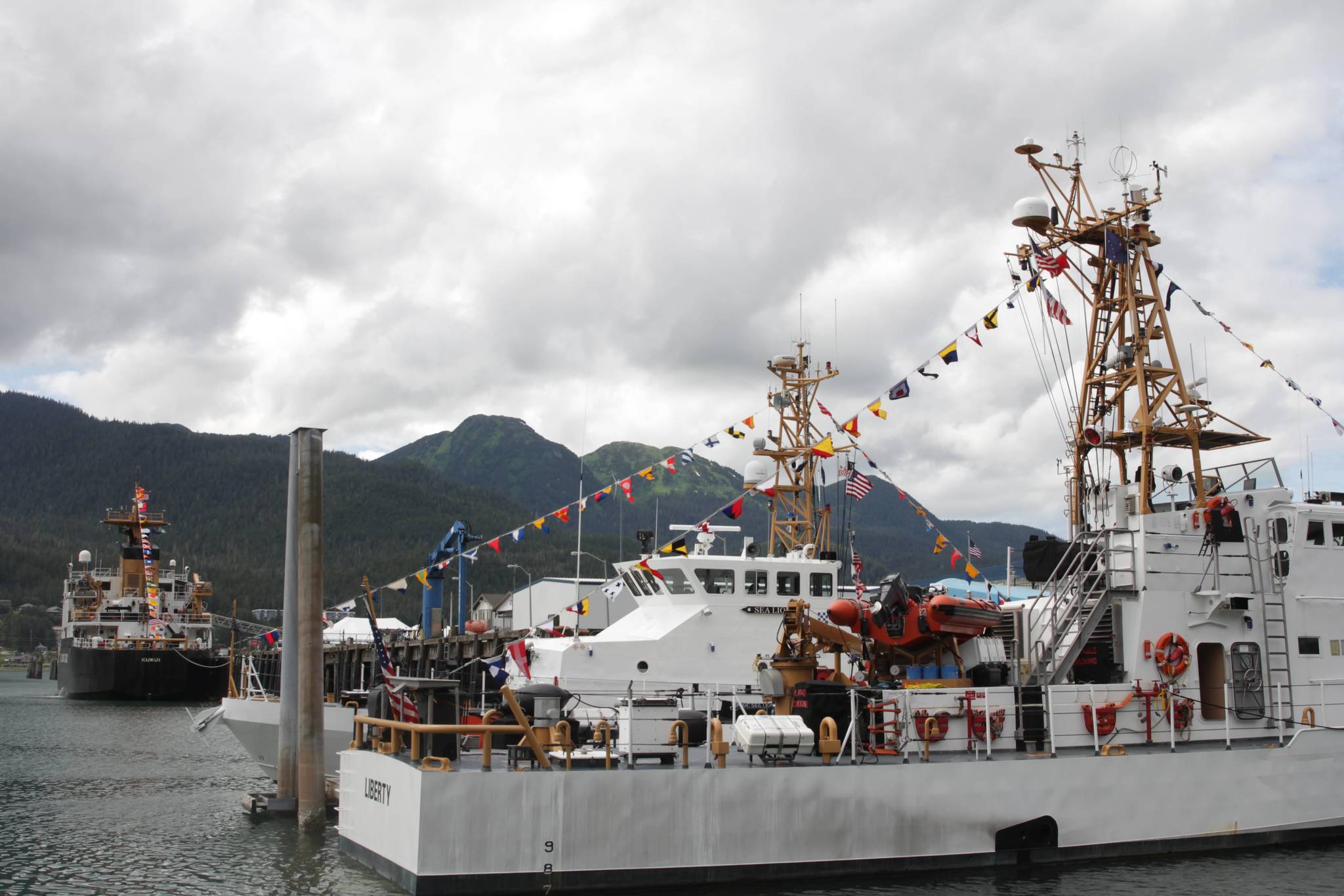 Coast Guard cutters Liberty and Sea Lion along with buoy tender Kukui were present for Sector Juneau’s change of command ceremony on July 7, 2021. (Michael S. Lockett / Juneau Empire)
