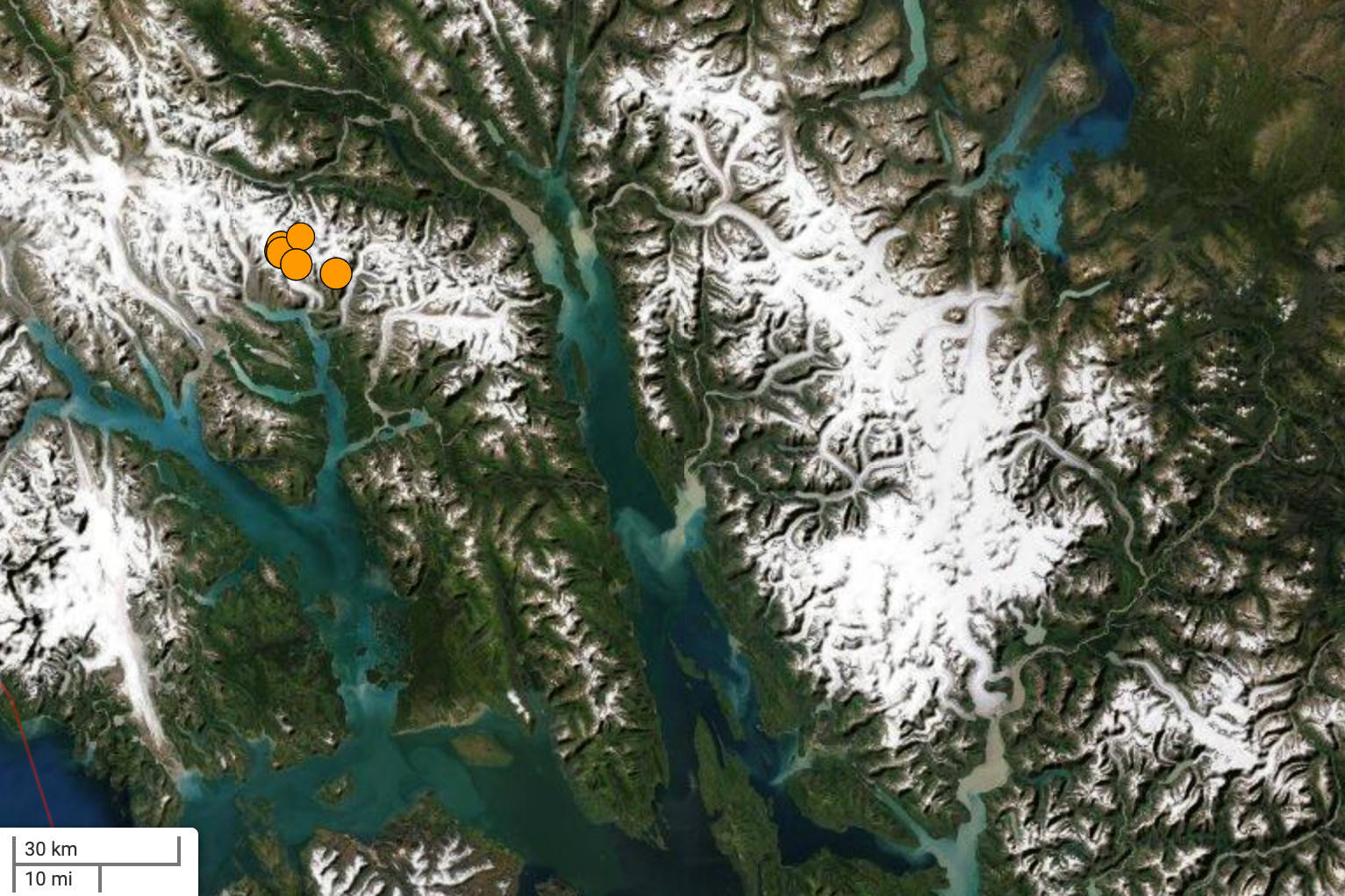 A series of earthquakes occurred roughly 100 miles northwest of Juneau on Thursday afternoon. (Screenshot / United States Geological Survey)