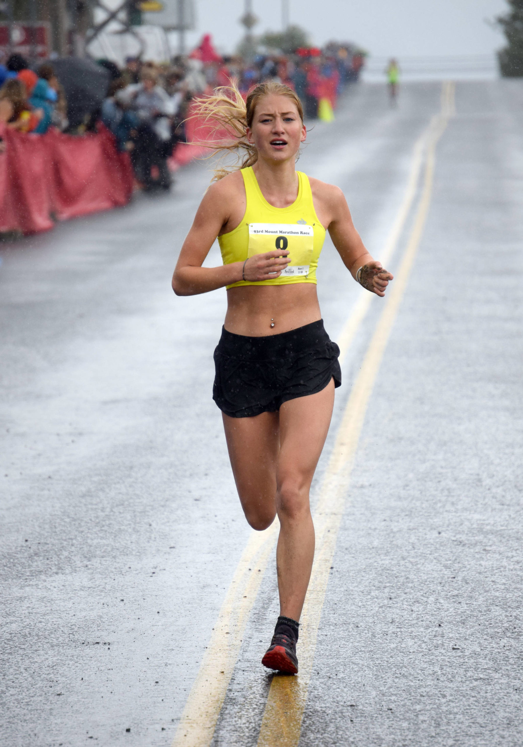 Ruby Lindquist of Seward takes second in the women’s Mount Marathon Race on Wednesday, July 7, 2021, in Seward, Alaska. (Photo by Jeff Helminiak/Peninsula Clarion)