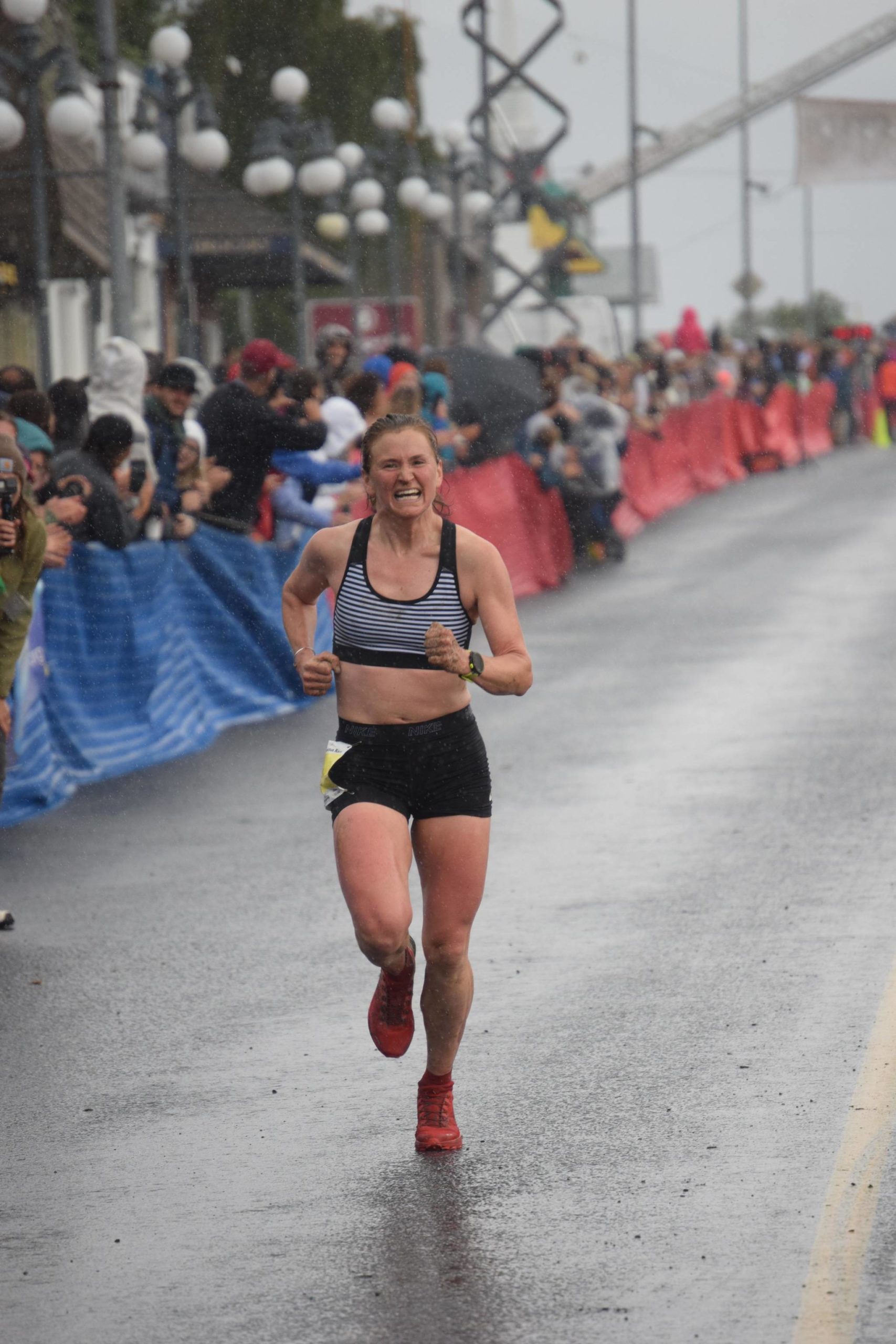 Hannah Lafleur, 32, of Seward defends her title in the women’s Mount Marathon Race in Seward, Alaska, on Wednesday, July 7, 2021. (Photo by Jeff Helminiak/Peninsula Clarion)