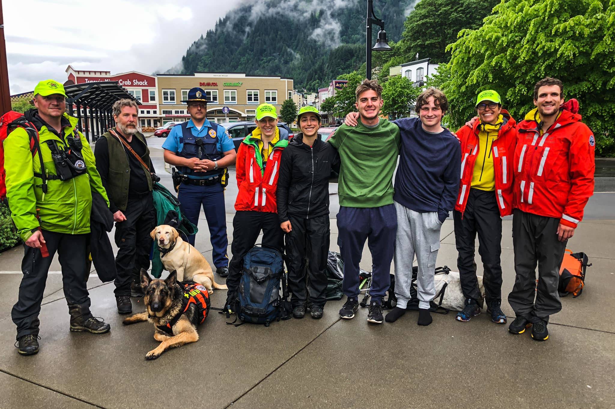 Two hikers, third and fourth from the right, were rescued after being stranded on Mount Roberts Wednesday evening by rapidly changing weather. (Courtesy photo / Juneau Mountain Rescue)