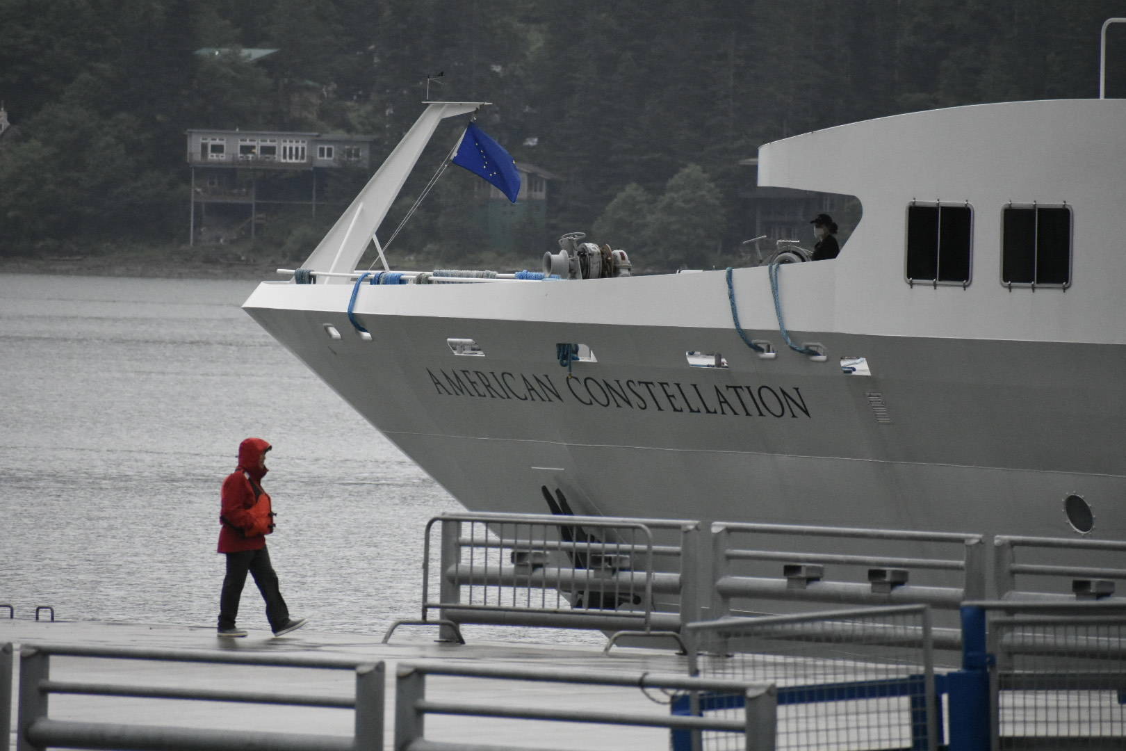 The American Constellation arrives at the cruise ship docks Monday evening. Crew members will quarantine on board he American Cruise Lines vessel following multiple reported cases of COVID-19 among the crew, according to City and Borough of Juneau. (Peter Segall / Juneau Empire)