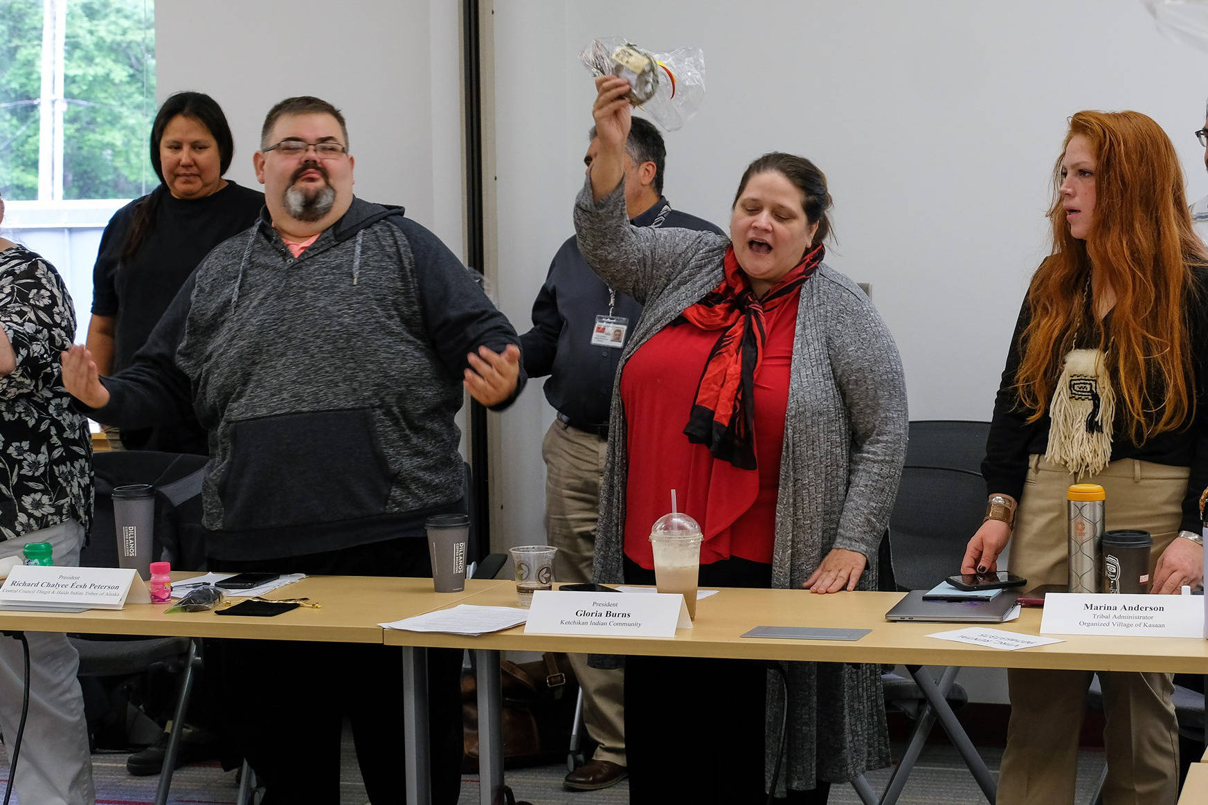 Tribal leaders from across the Southeast, including President Richard Chalyee Éesh Peterson of Central Council of the Tlingit and Haida Indian Tribes of Alaska, left; President Gloria Burns of the Ketchikan Indian Community, center; and Marina Anderson, Tribal Adminitrator of the Organized Village of Kaasan, right; and many others attended a consultation with officials from the U.S. Department of Agriculture and the U.S. Forest Service last week to meet and set the ground for replacing protections for the Tongass National Forest. (Courtesy photo / CCTHITA)