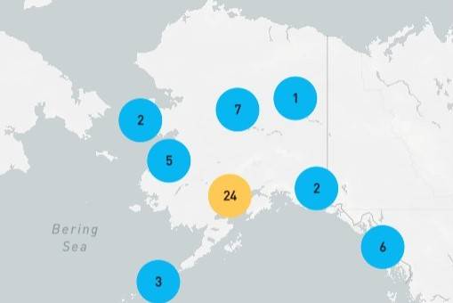 A map of Alaska shows the number of projects throughout the state that have received grants from the U.S. Department of Energy Office of Indian Energy since 2009. On Tuesday, July 13, 2021, DOE announced $12 million in energy grants for 13 American Indian and Alaska Native communities, seven of which are in Alaska. (Courtesy image / U.S. Department of Energy)