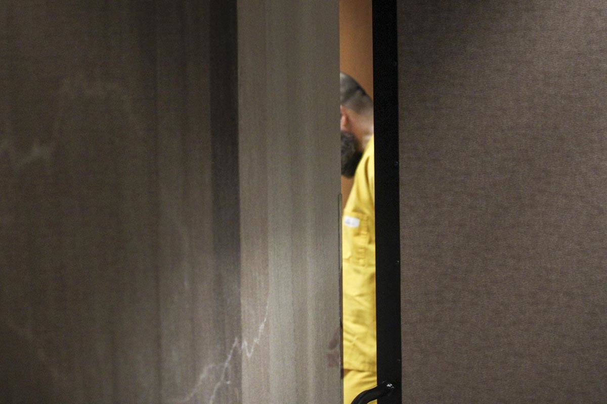 Kenneth Manzanares, 42, appears in U.S. District Court in Juneau for a change of plea hearing in this February 2020 photo. A barrier put in place in the public courtroom hallway blocked Manzanares from public view, per the judge’s orders. Photography is not allowed in the courtroom. (Michael S. Lockett / Juneau Empire File)