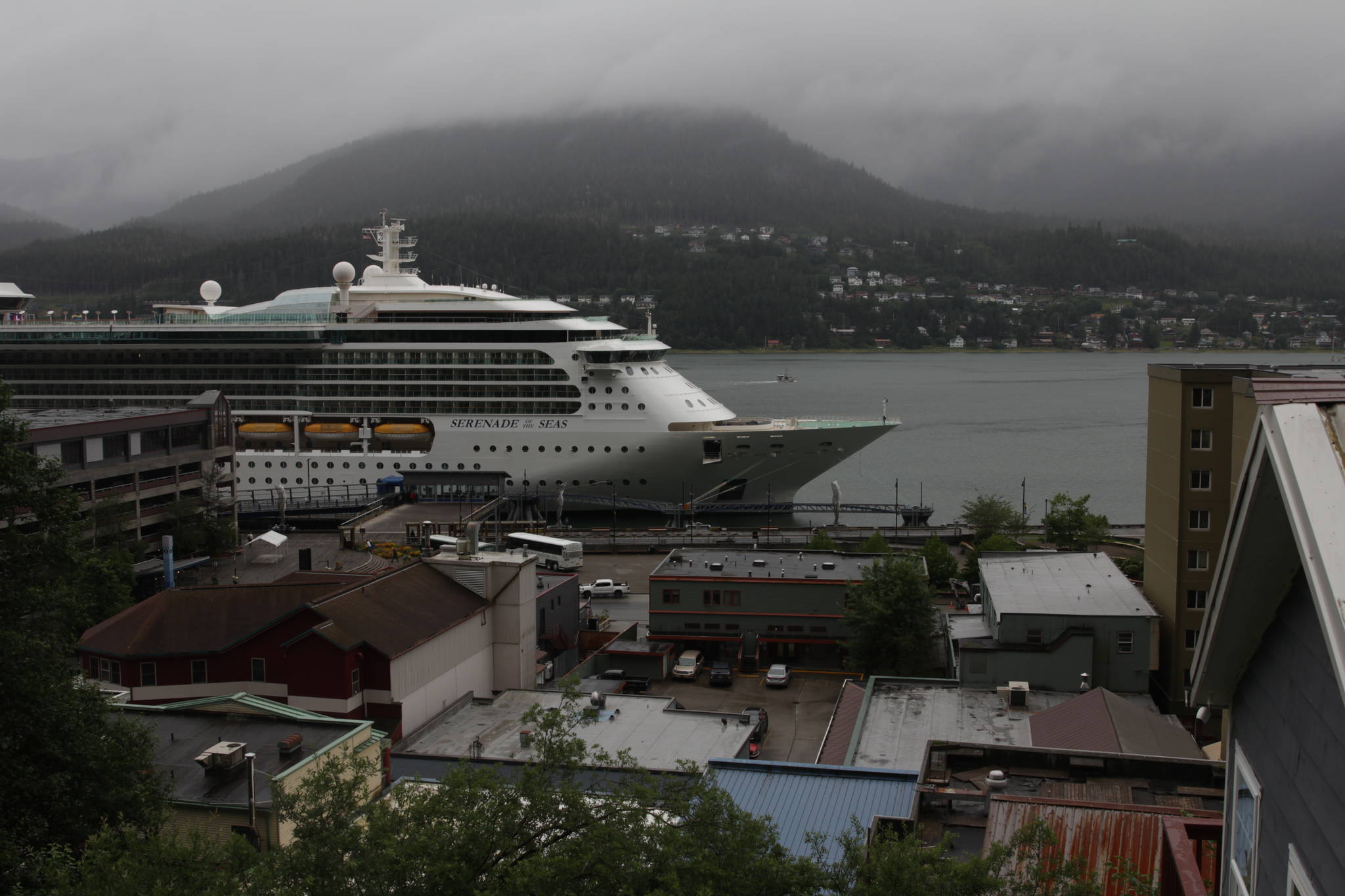 The Serenade of the Seas arrived in Juneau early Friday morning, seen here moored downtown. The Royal Caribbean cruise ship is the first large cruise ship to come to Juneau since the pandemic caused the cancellation of the 2020 cruise ship season and delayed the 2021 season. (Michael S. Lockett / Juneau Empire)