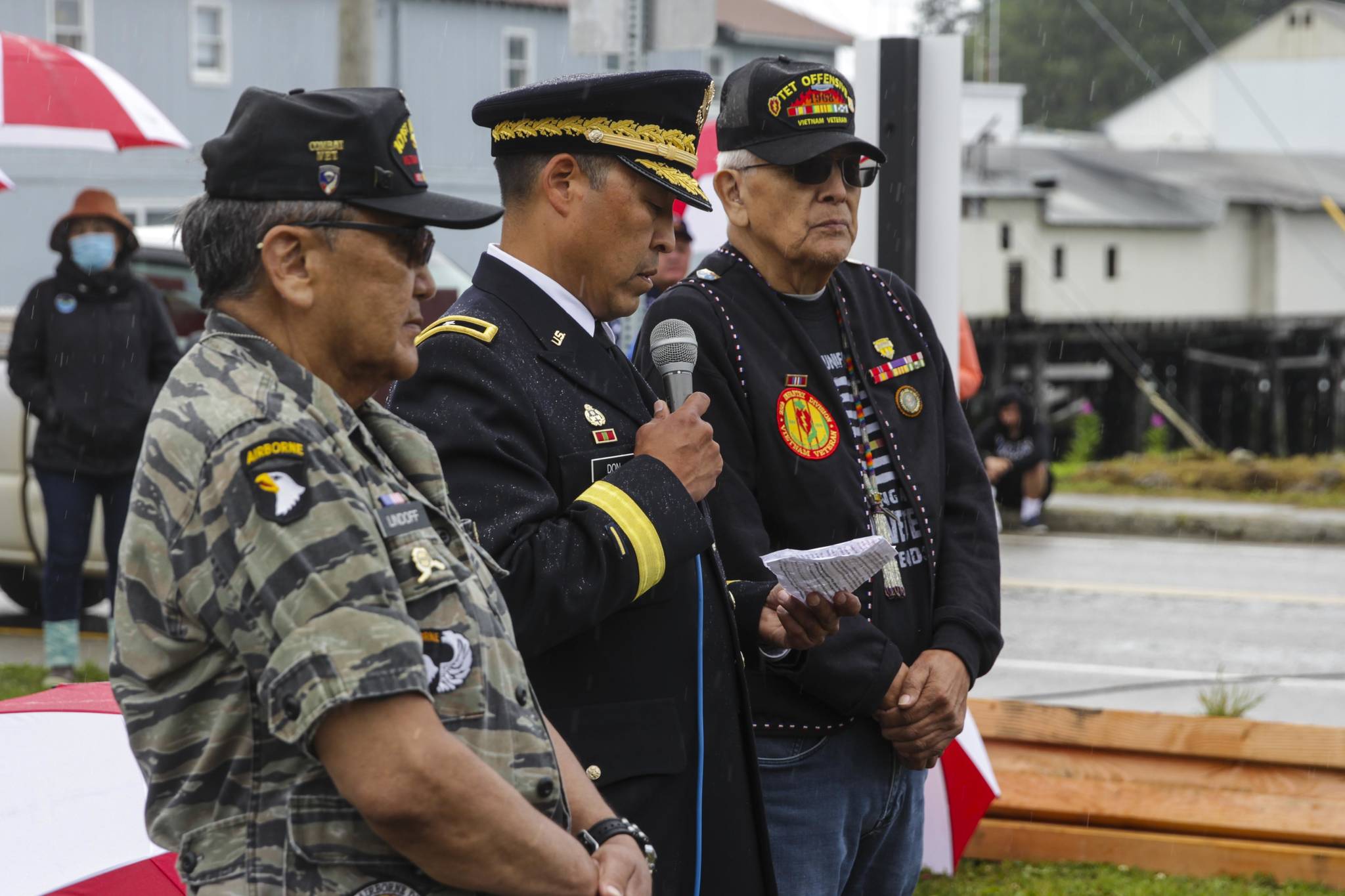 Brig. Gen. Wayne Don, currently the highest-ranked Alaska Native in the armed services, speaks during a ceremony for the raising of a totem pole honoring veterans of the armed services in Hoonah on July 24, 2021. (Michael S. Lockett / Juneau Empire)