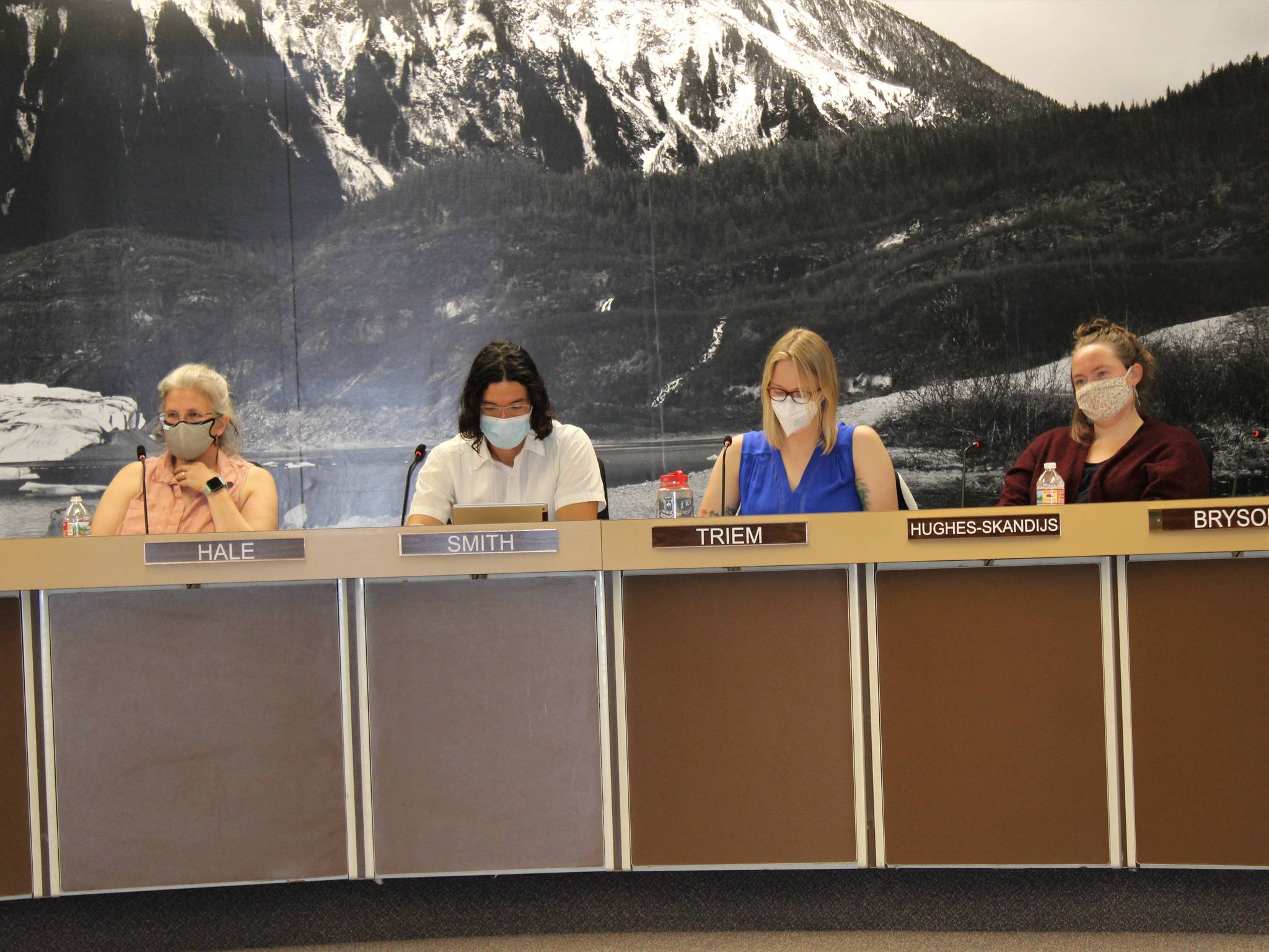 Members of the CBJ Assembly listen as residents call into the July 28 special meeting about extending COVID mitigations. Several residents called into the meeting to comment on the proposal. (Dana Zigmund / Juneau Empire)
